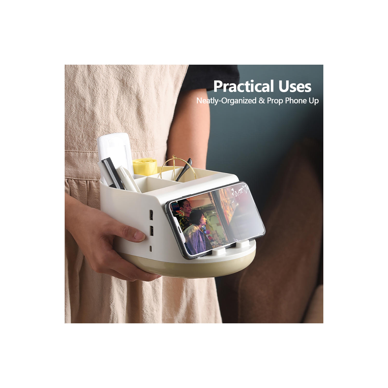 Multifunctional 4-Compartment Desk Organizer with Wireless Charging Pad