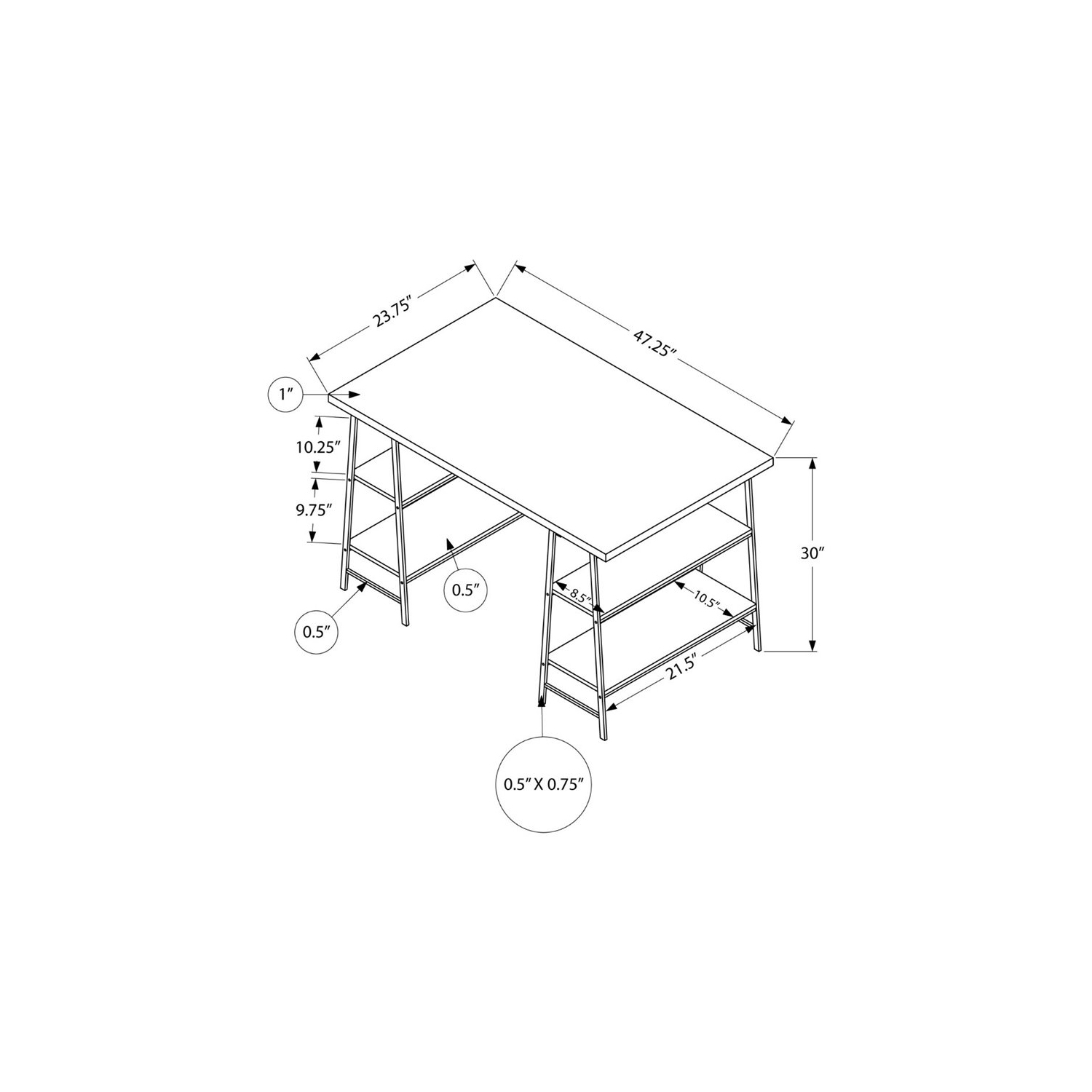 Bureau d’ordinateur portable de 48 po de long en métal noir marbré