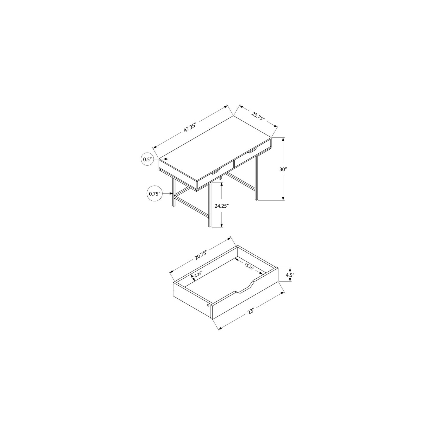 Bureau d’ordinateur tiroirs de rangement pour portable de 48 po de long en métal naturel