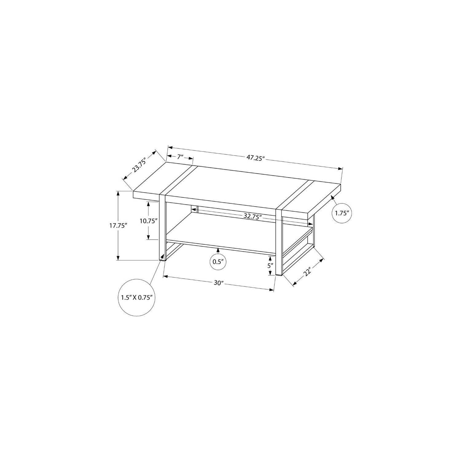 Table basse de salon rectangulaire en métal noir de 48 po de long