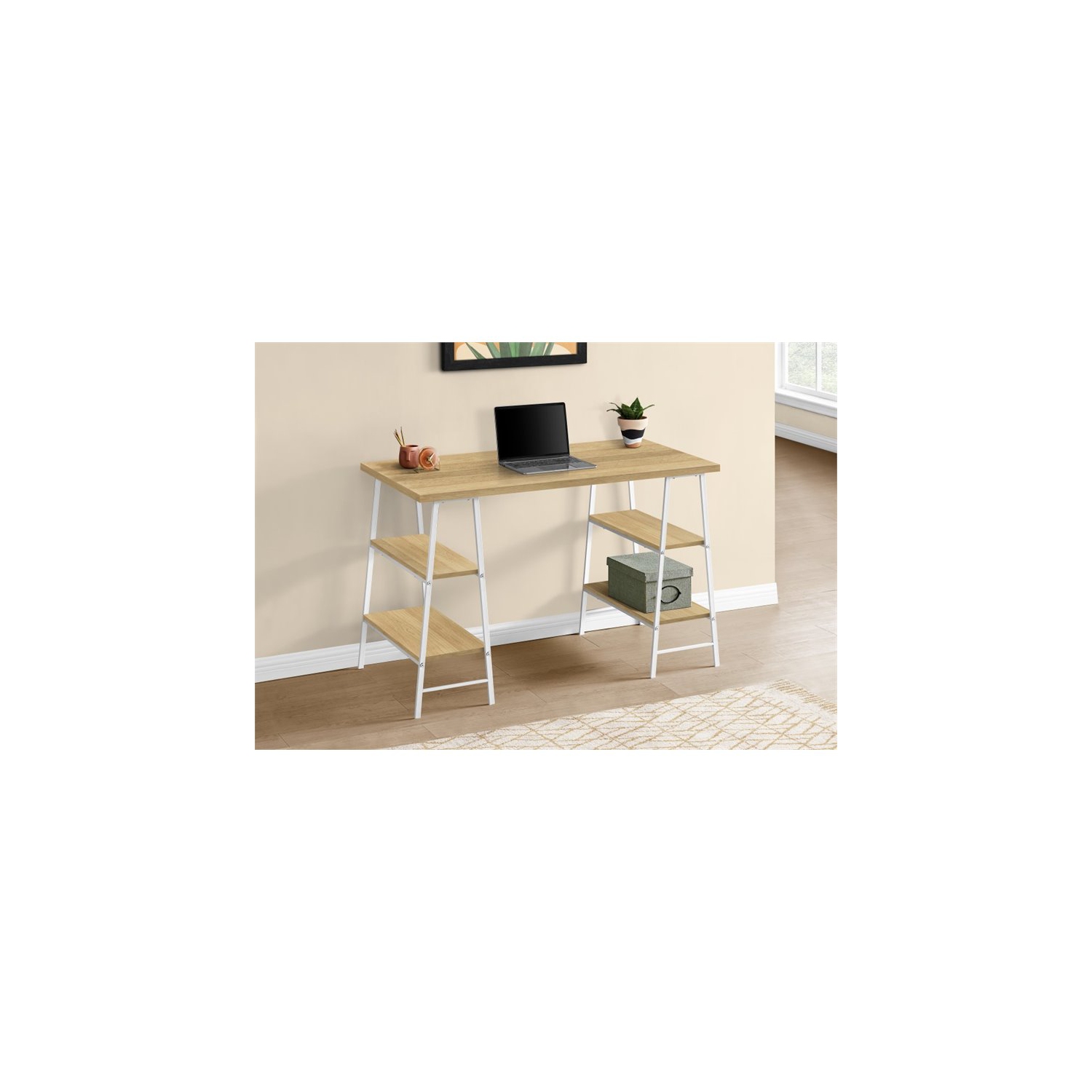 Computer Desk Home Office Laptop Storage Shelves 48"L Work Metal Natural