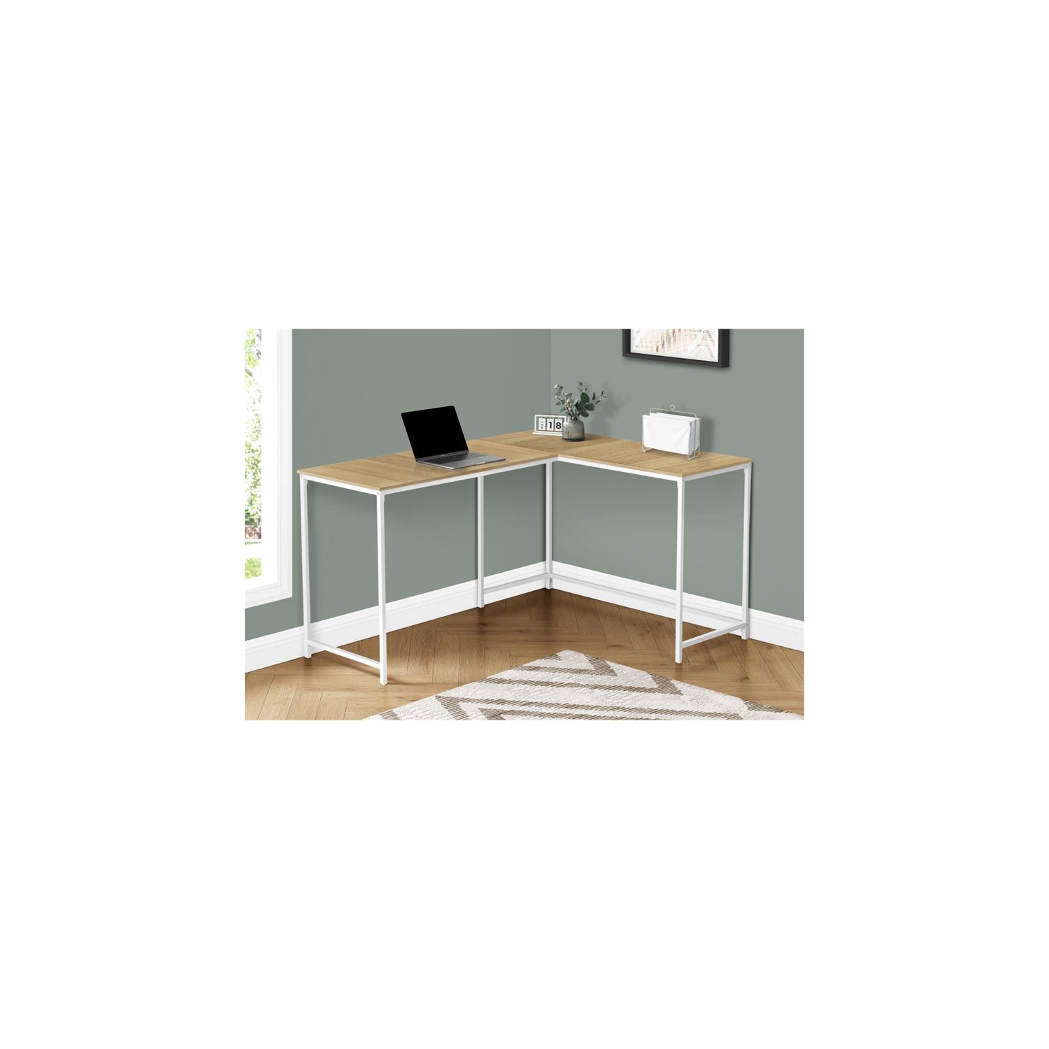 Computer Desk Home Office Corner 58"L L Shape Work Laptop Metal Natural