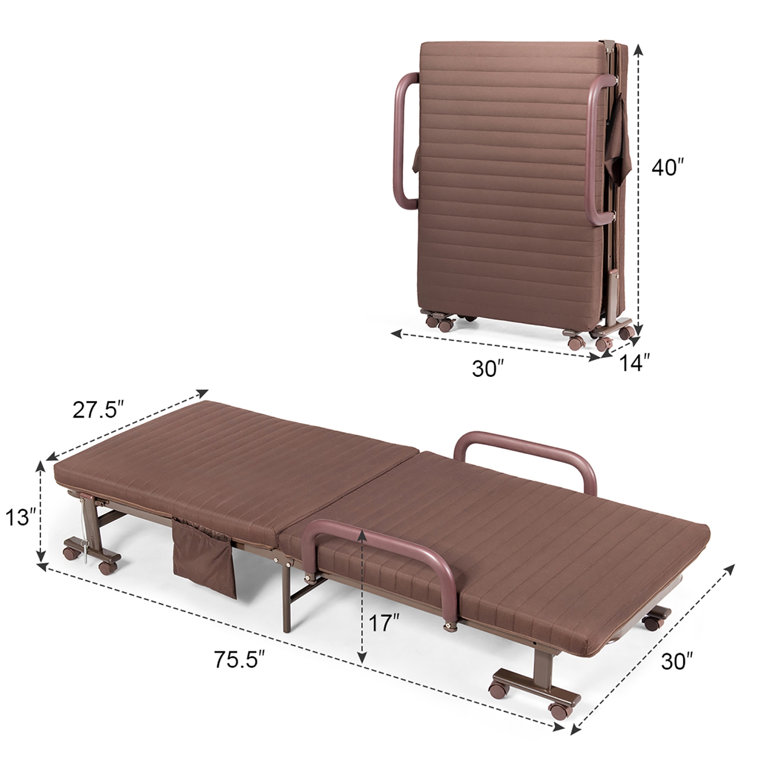 Costway Lit pliant mobile sur roulettes Lit simple dossier réglable pour invité Matelas double épaisseur