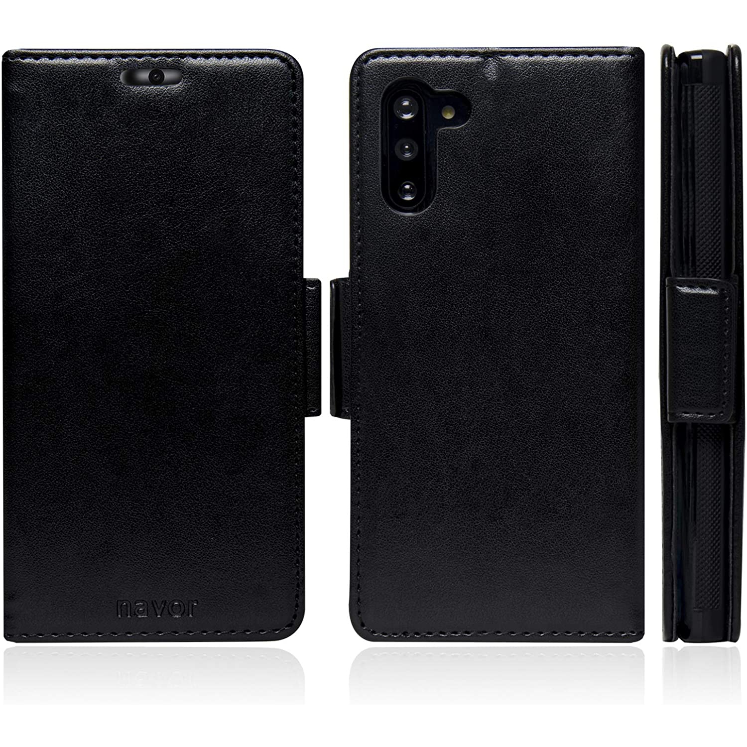 Étui portefeuille magnétique amovible 2-en-1 de Navor avec protection RFID compatible avec le Galaxy Note 10 de Samsung [6,3 po] [série Vajio] – Noir