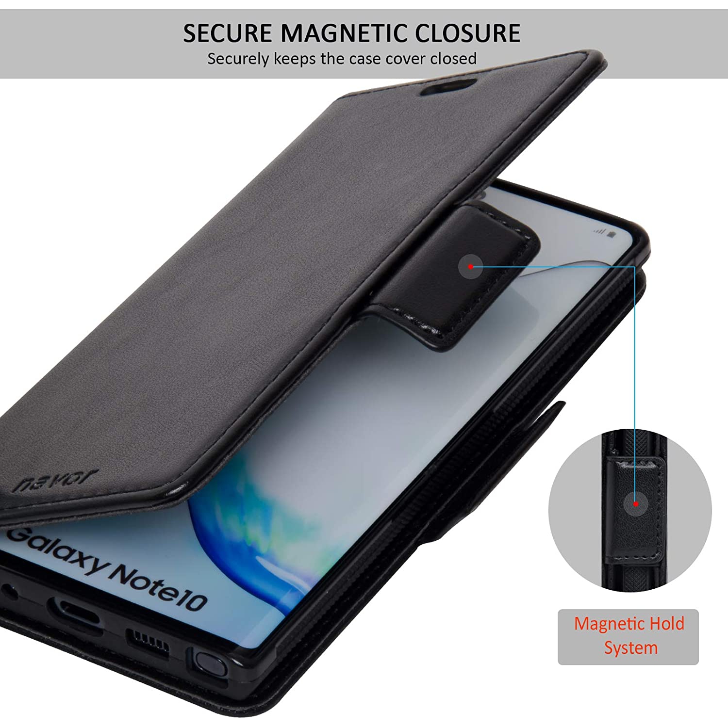 Étui portefeuille magnétique amovible 2-en-1 de Navor avec protection RFID compatible avec le Galaxy Note 10 de Samsung [6,3 po] [série Vajio] – Noir