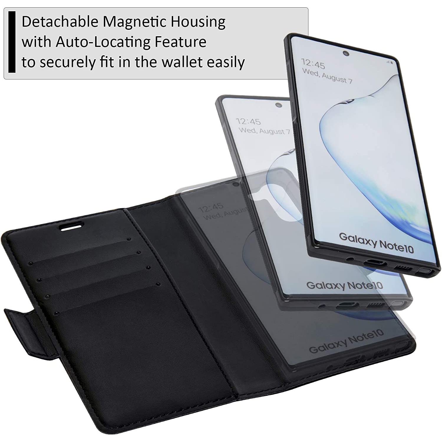 Étui portefeuille magnétique amovible 2-en-1 de Navor avec protection RFID compatible avec le Galaxy Note 10 de Samsung [6,3 po] [série Vajio] – Noir