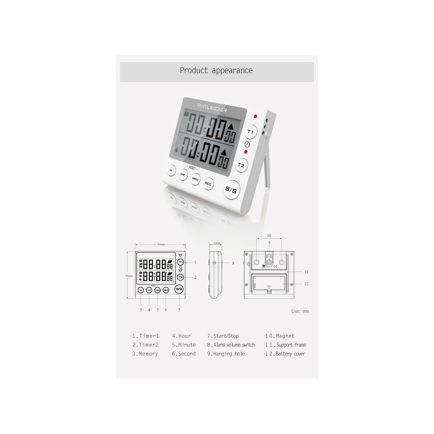 Digital LCD 2-Channel Count Up/Down Kitchen Timer with Clock, LED Alert, Adjustable Volume, for Cooking, Baking, Frying, Stewing, Toasting