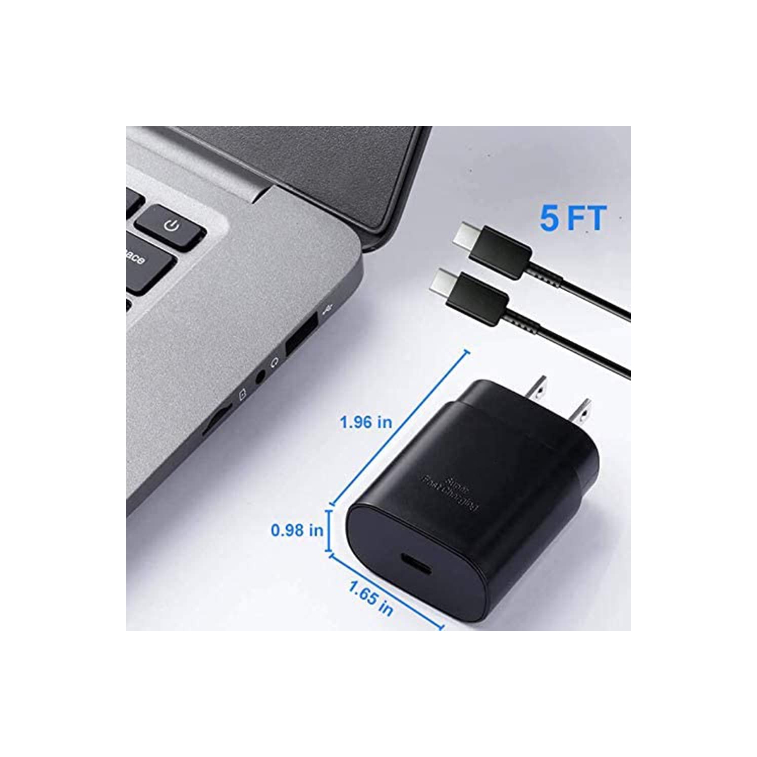 Chargeur mural USB-C 25 W ultrarapide de Glow Accessories avec câble USB-C  à C de 6FT m/2 M pour Galaxy S22, S21, S20, Note 10, Note 20