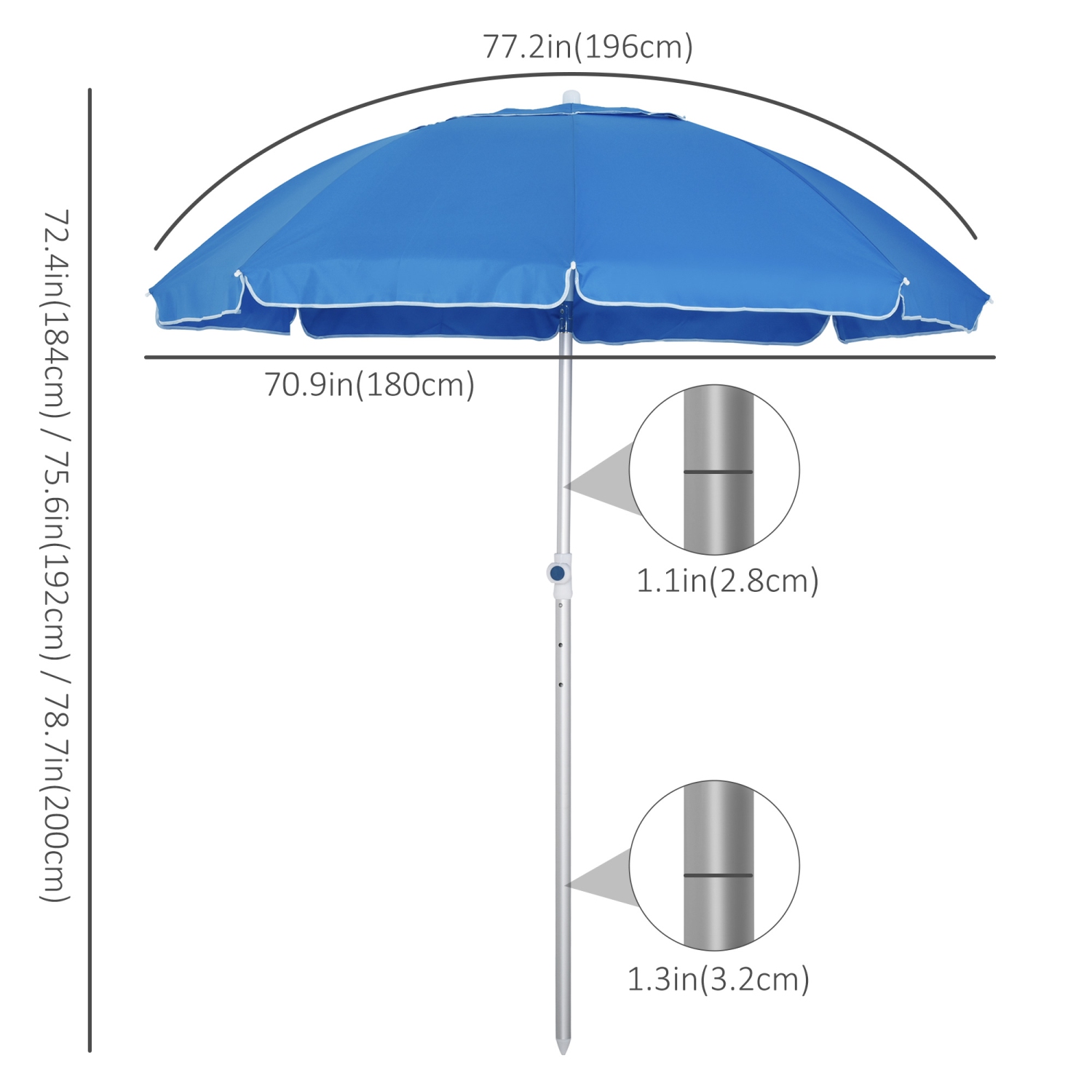 Outsunny Arc. 6.4ft Beach Umbrella with Aluminum Pole Pointed Design Adjustable Tilt Carry Bag for Outdoor Patio Blue