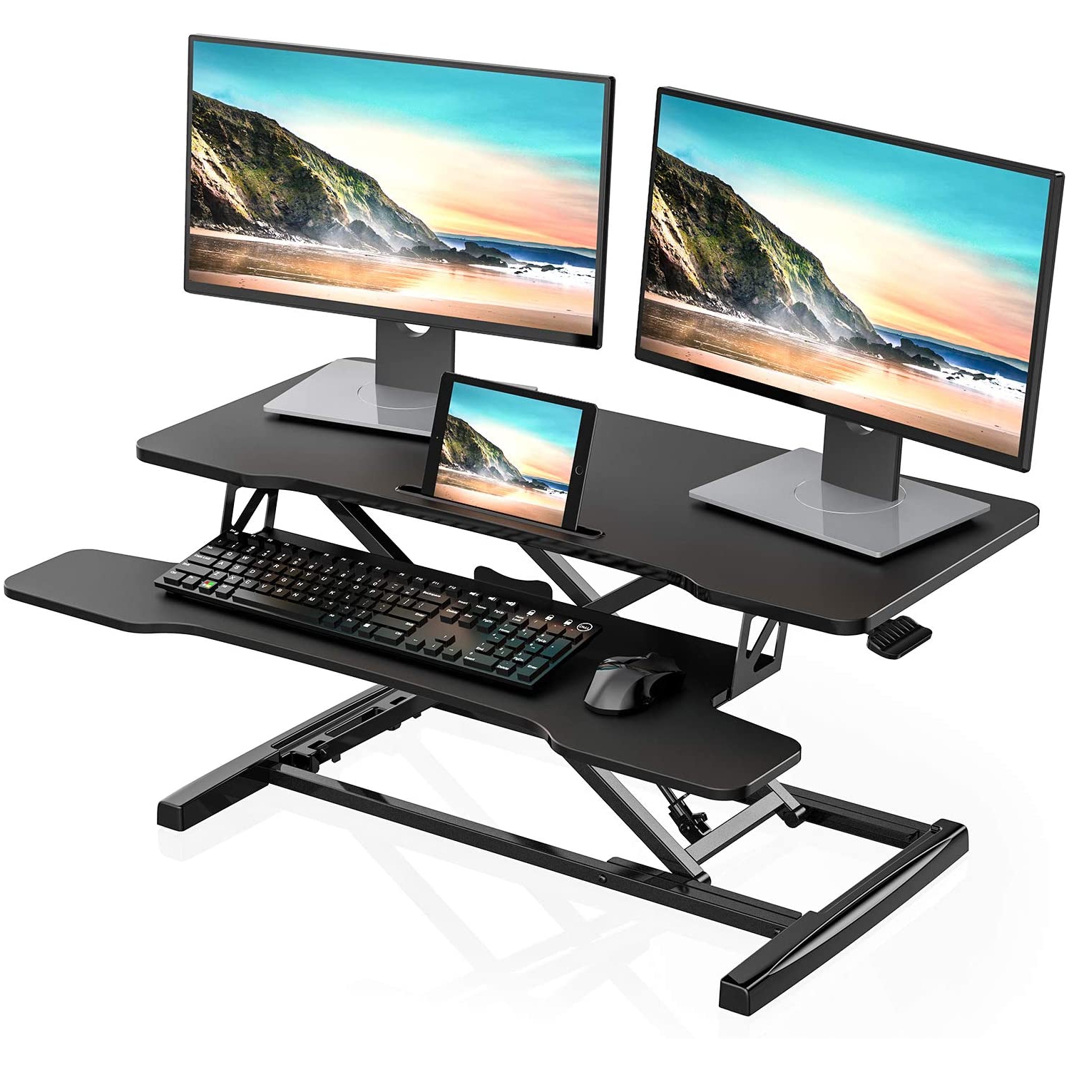 FITUEYES 36'' Standing Desk Converter, Height Adjustable Sit Stand Desk for Dual Monitor and Laptop Riser, Tabletop Workstation with Wide Keyboard Tray, Black