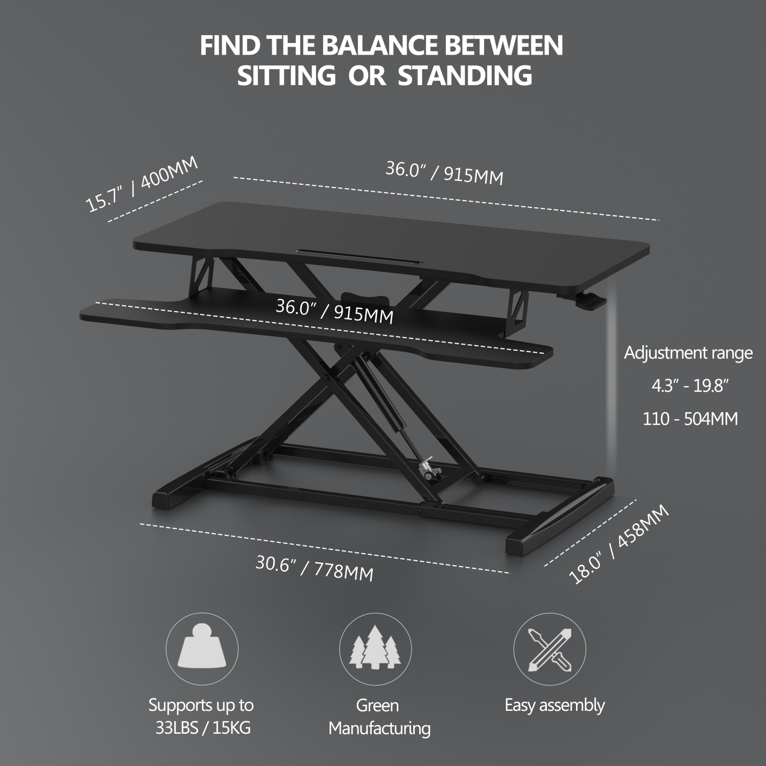 FITUEYES – Convertisseur de bureau debout 36 po, bureau assis/debout à hauteur réglable pour moniteur double et support pour portable, poste de