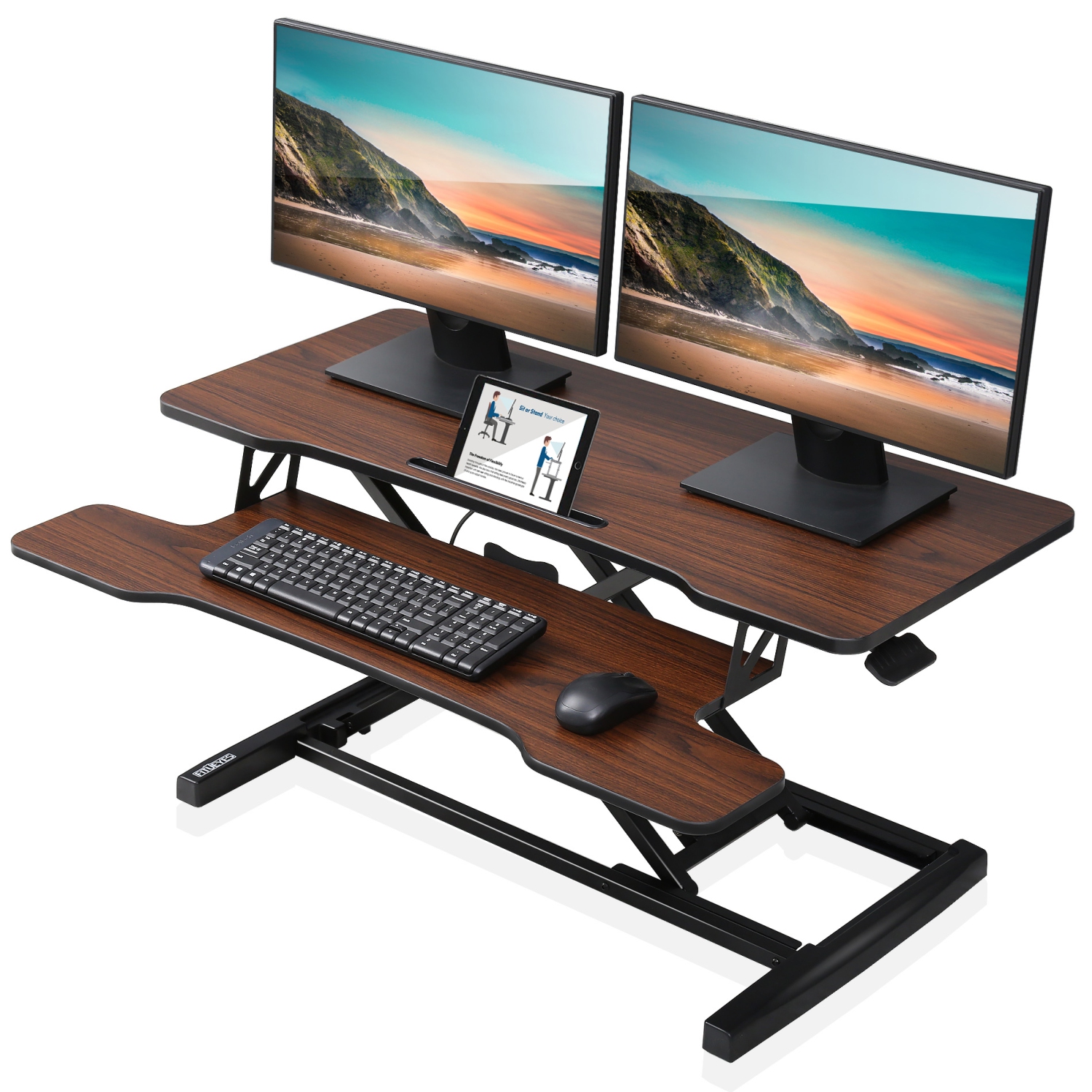 FITUEYES 36 inch Desk Converter, Height Adjustable Sit to Stand Desk Riser, Ergonomic Computer Workstation with Wide Keyboard Tray fit Dual Monitor and Laptop, Brown