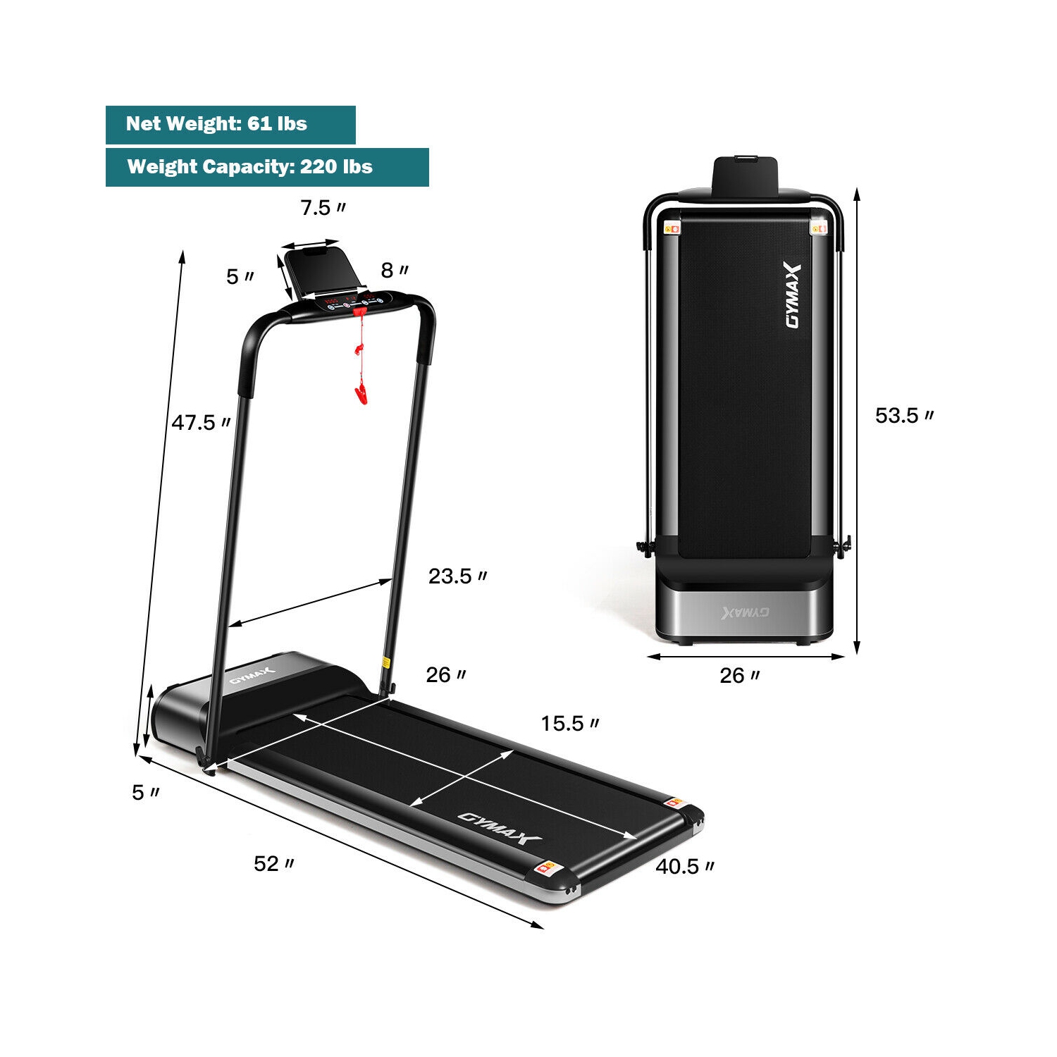 Tapis roulant pliant électrique ultra-mince de 450W Gymax