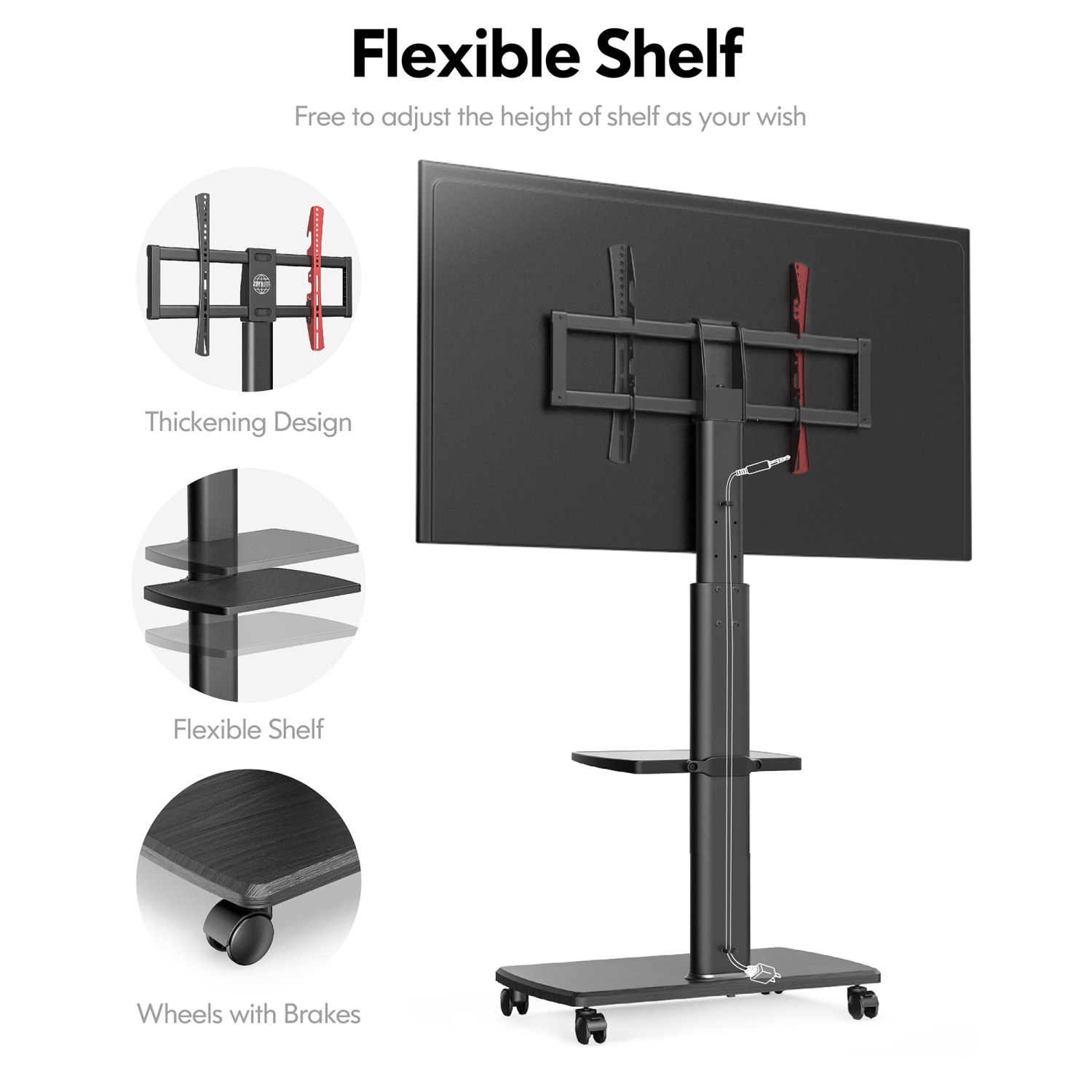 Chariot de plancher pour téléviseur mobile FITUEYES pour téléviseur ACL QLED DEL de 32 à 65 po avec support pivotant à hauteur réglable