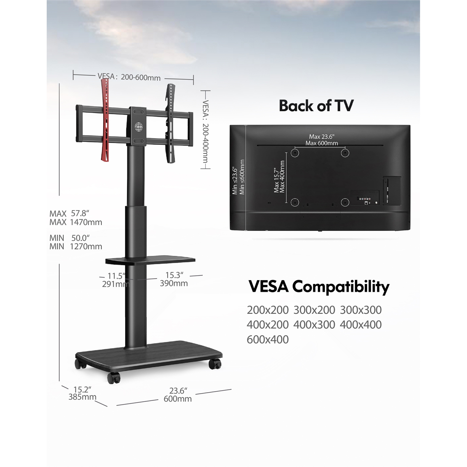 Chariot de plancher pour téléviseur mobile FITUEYES pour téléviseur ACL QLED DEL de 32 à 65 po avec support pivotant à hauteur réglable