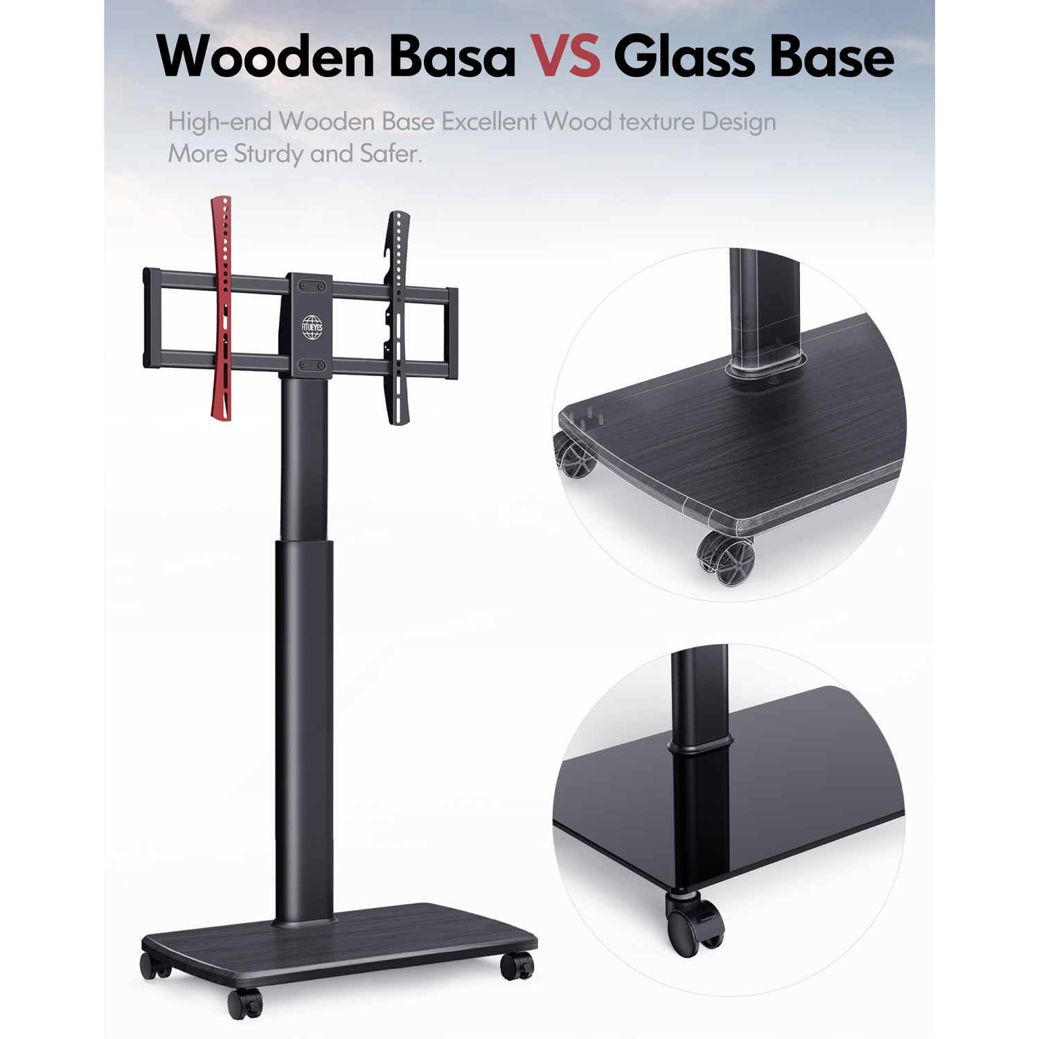 FITUEYES – Grand meuble mobile pour téléviseur avec base en bois et roulettes pivotant, hauteur réglable pour écran de 32 à 65 po