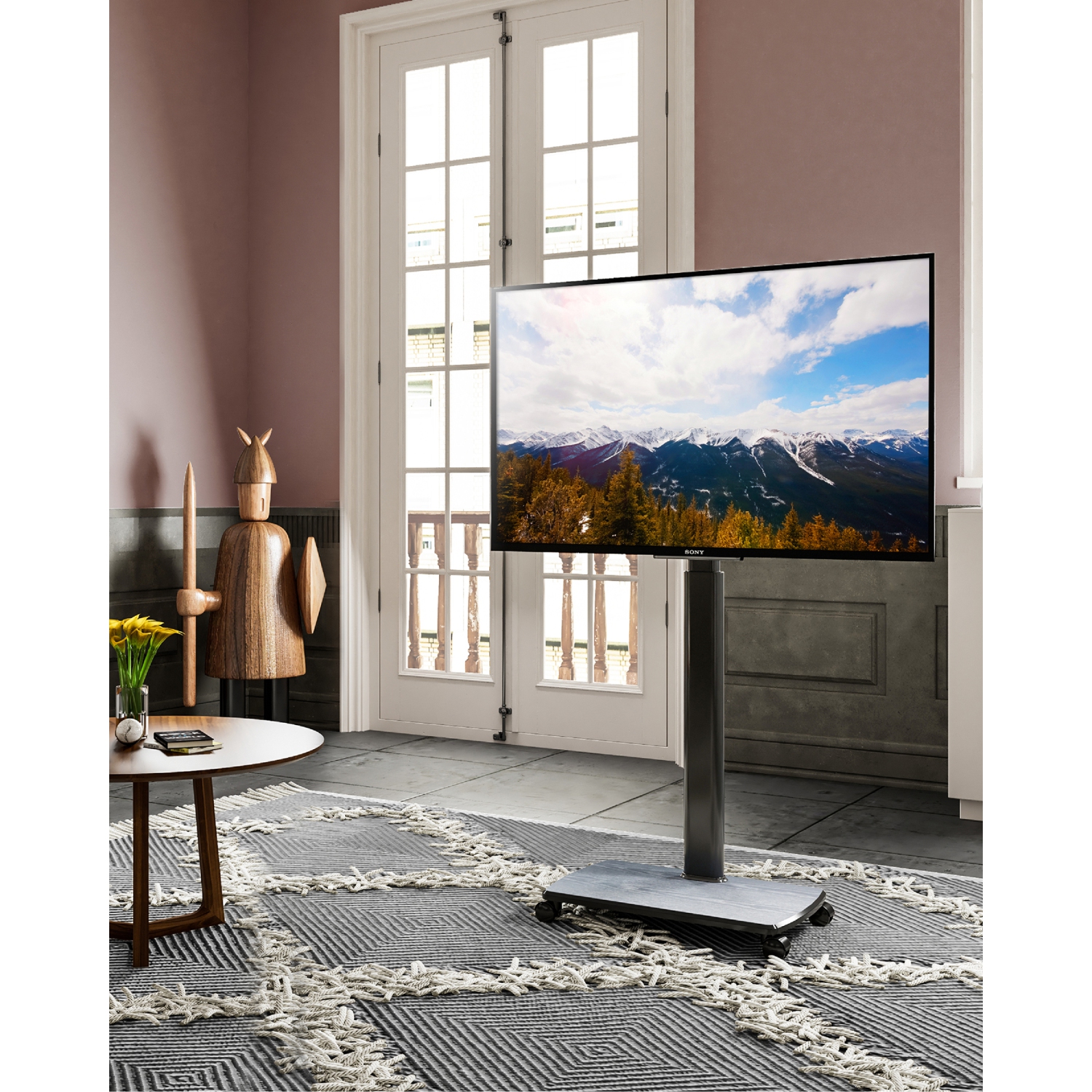 FITUEYES – Grand meuble mobile pour téléviseur avec base en bois et roulettes pivotant, hauteur réglable pour écran de 32 à 65 po