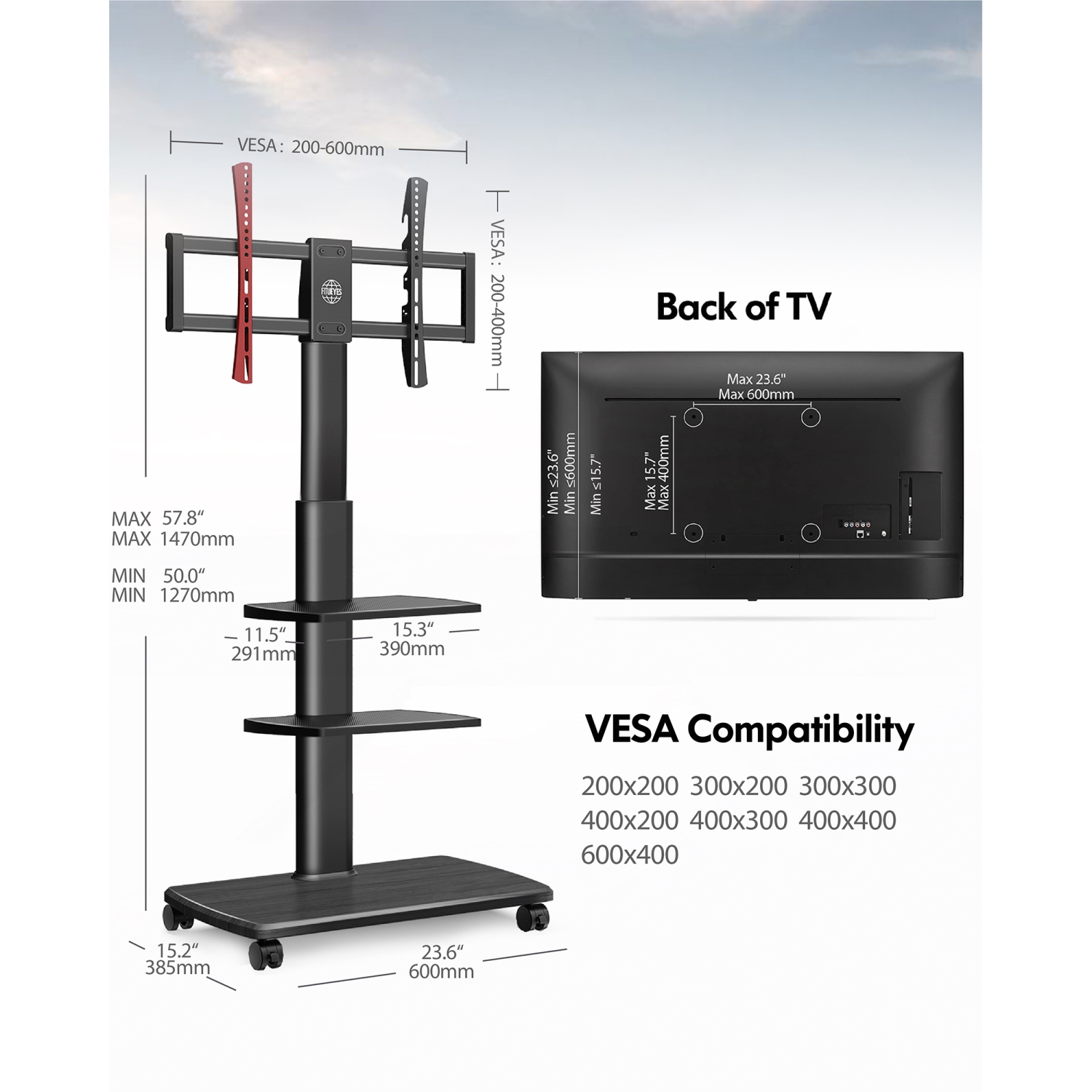 Chariot/meuble pour téléviseur mobile FITUEYES avec support pivotant et tablettes ajustables en hauteur pour écrans plats plasma à DEL ACL de 32 à 65