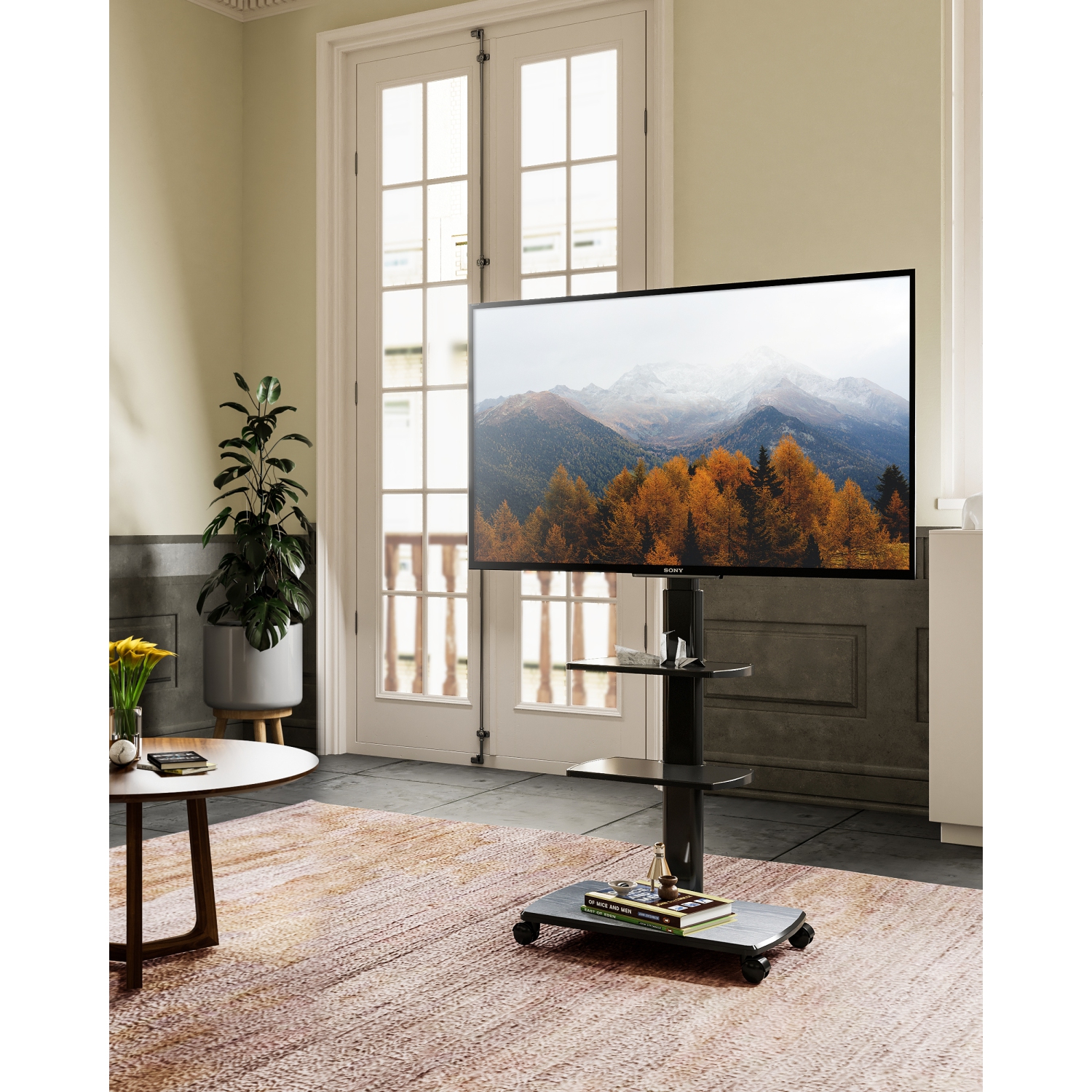 Chariot/meuble pour téléviseur mobile FITUEYES avec support pivotant et tablettes ajustables en hauteur pour écrans plats plasma à DEL ACL de 32 à 65