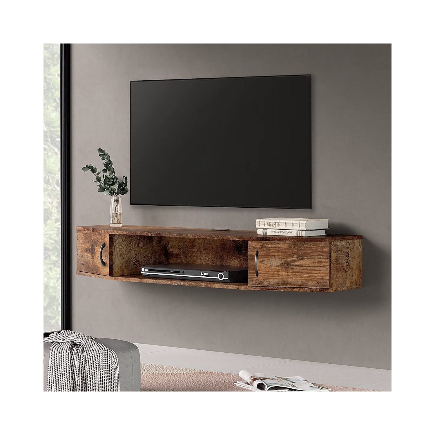 FITUEYES Floating TV Stands Entertainment Center Wall Mount Shelves Media Console Storage Shelf with Doors Rustic Brown