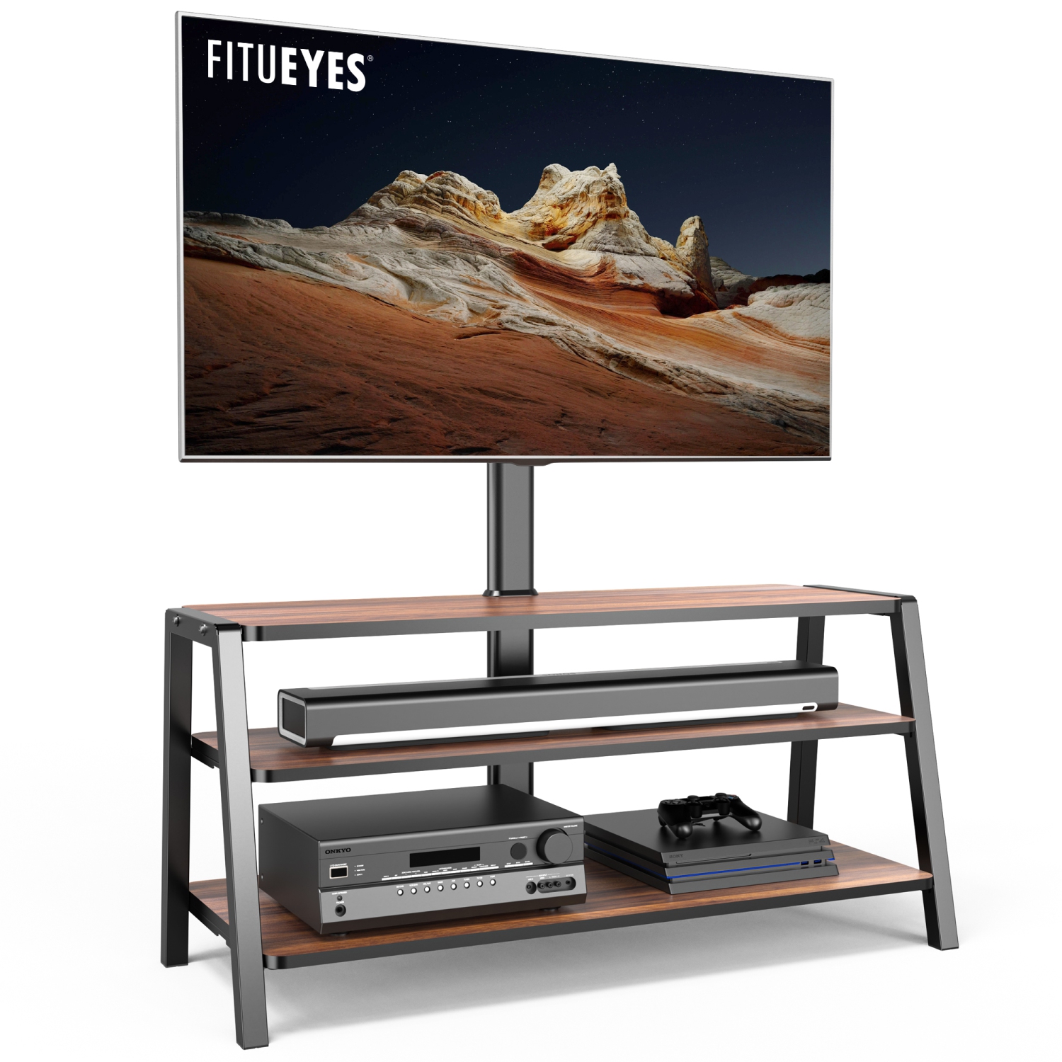 FITUEYES 3-Tier Floor TV Stand for 37-70 Inch TVs Entertainment Stand with Storage-Height Adjustable TV Console Stands with Golden Walnut Board & Cable Management, VESA 600x400mm