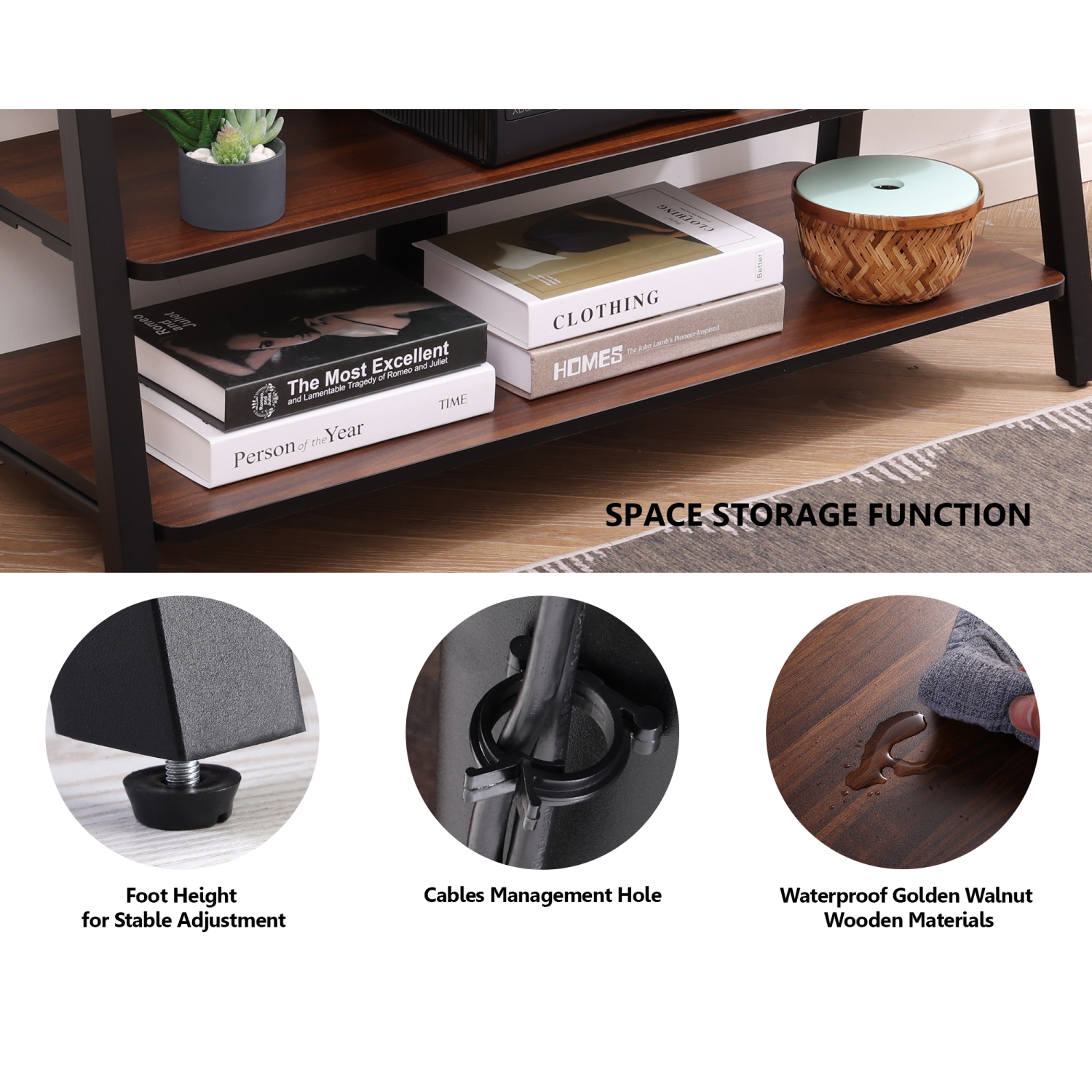 Meuble 3 niveaux pour téléviseur 37-70 po FITUEYES avec console réglable à hauteur de rangement, carte noyer doré et gestion des câbles, VESA 600 x