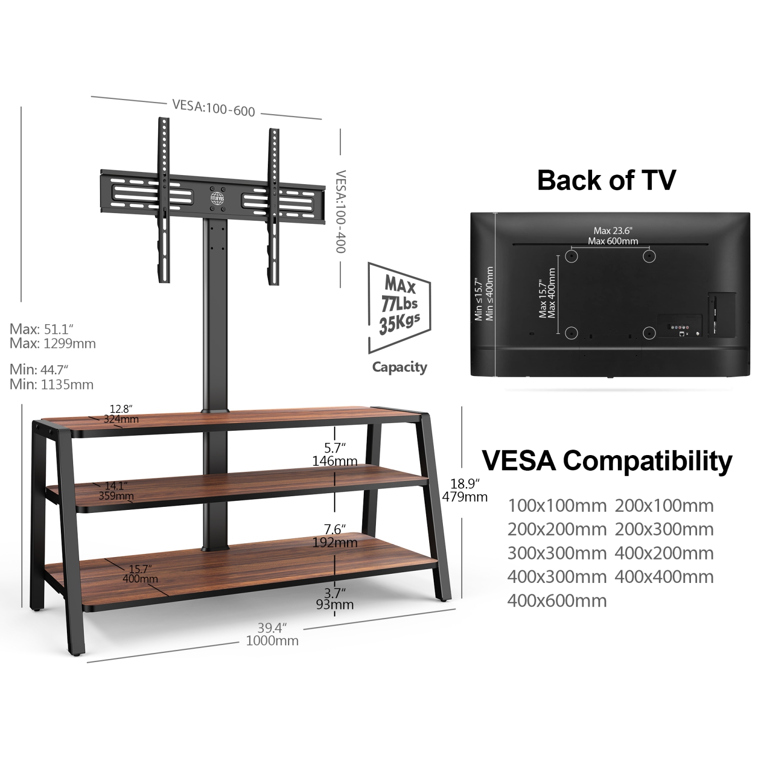 Meuble 3 niveaux pour téléviseur 37-70 po FITUEYES avec console réglable à hauteur de rangement, carte noyer doré et gestion des câbles, VESA 600 x