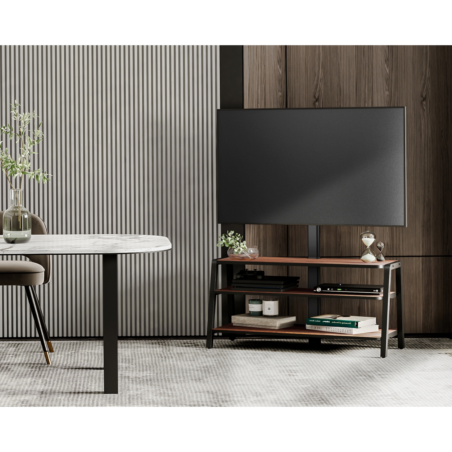 Meuble 3 niveaux pour téléviseur 37-70 po FITUEYES avec console réglable à hauteur de rangement, carte noyer doré et gestion des câbles, VESA 600 x