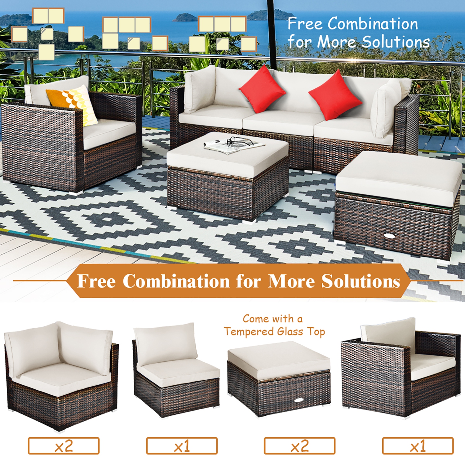 Costway 6PCS Patio Rattan Furniture Set Cushion Sofa Coffee Table