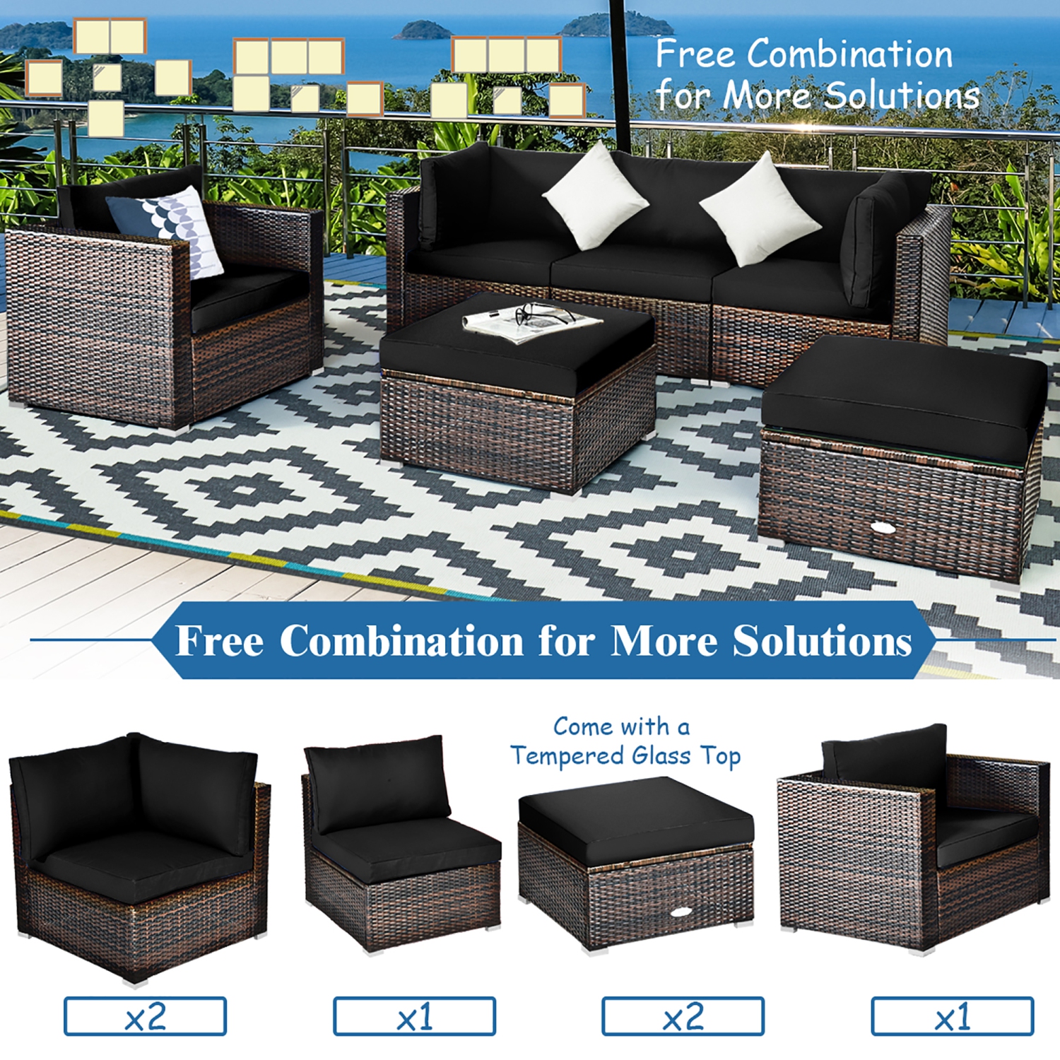 Costway 6PCS Patio Rattan Furniture Set Cushion Sofa Coffee Table