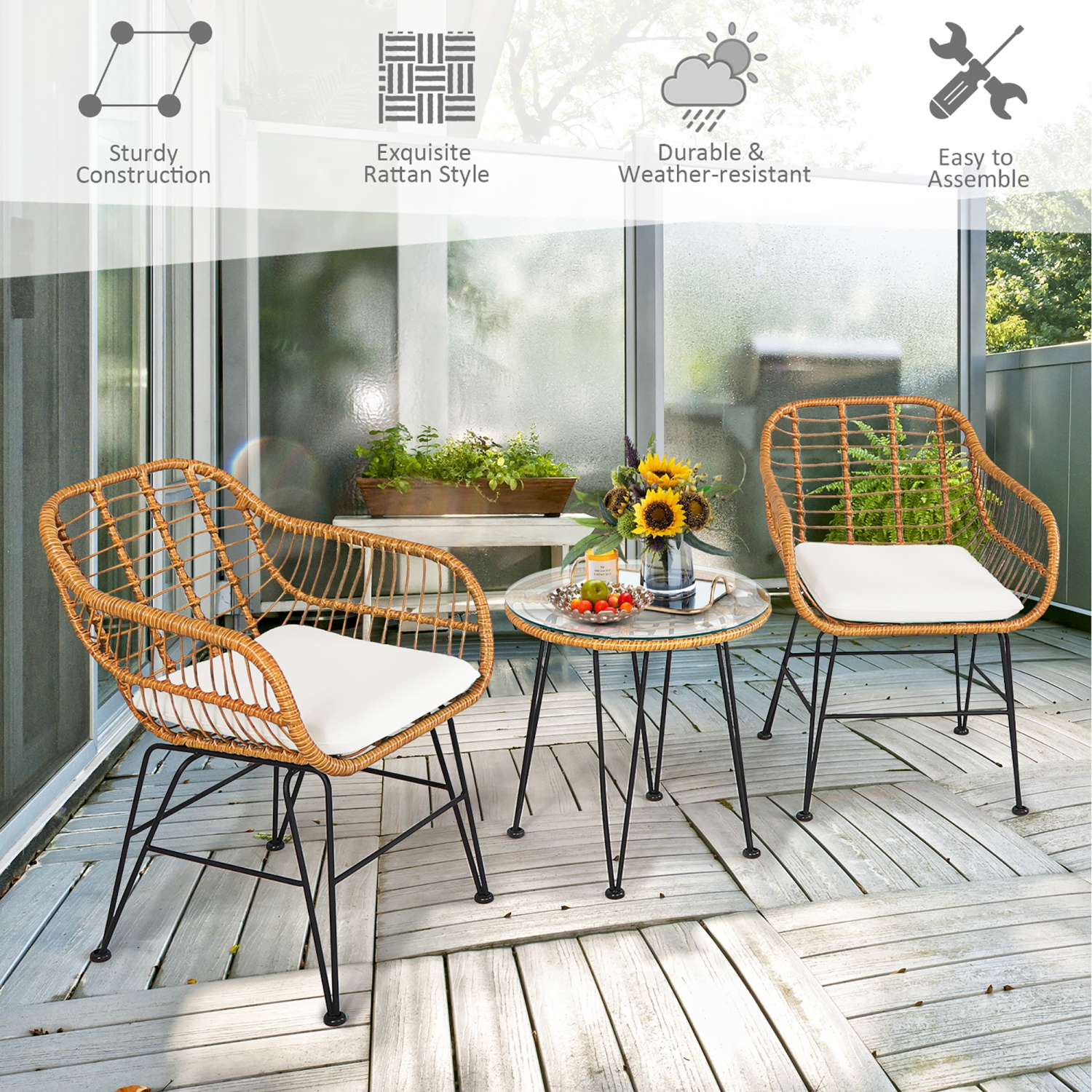 Ensemble de 3 meubles de bistrot en rotin pour patio Costway, chaise rembourrée, table, gris
