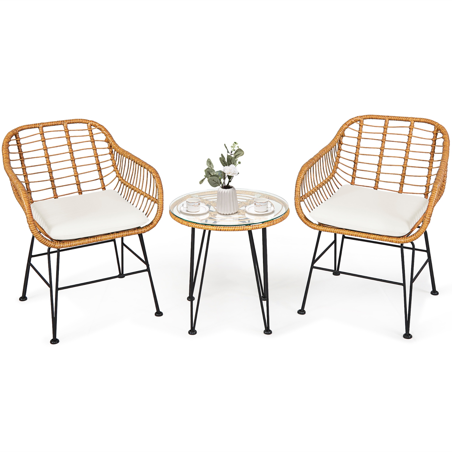 Ensemble de 3 meubles de bistrot en rotin pour patio Costway, chaise rembourrée, table, gris