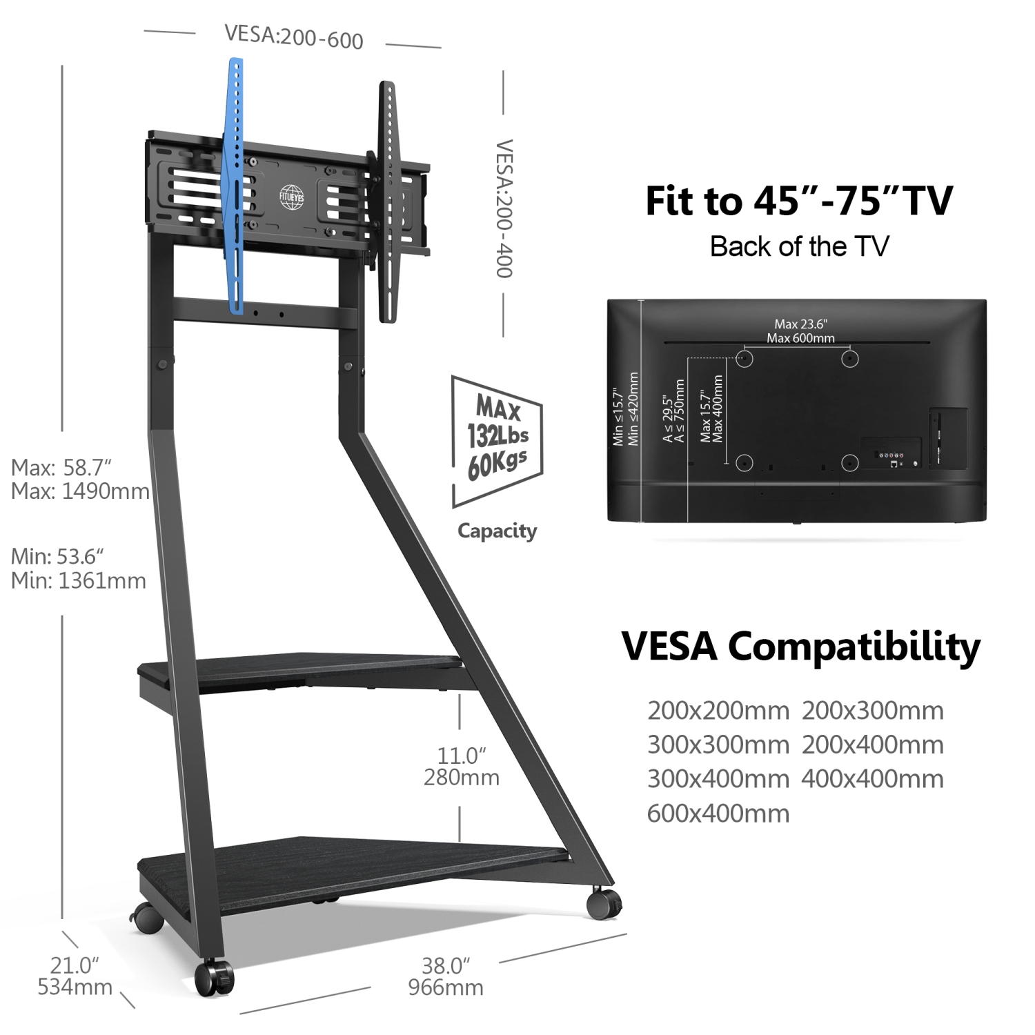 FITUEYES Art Floor TV Stand for 43-75 Inch TVs LCD/LED Screens Height Adjustable Universal TV Mount Stand with Wire Management, VESA 400x600mm