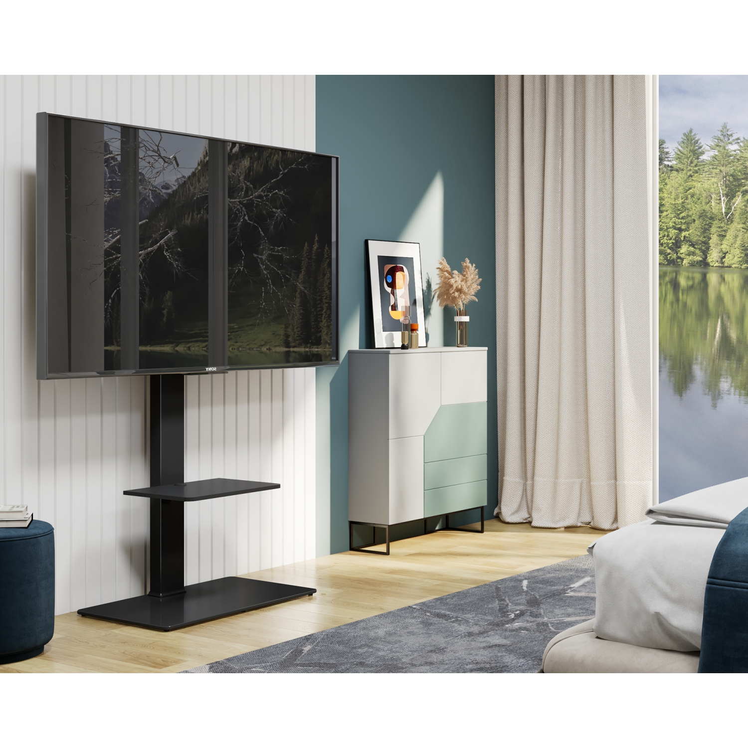 FITUEYES – Meuble haut pour téléviseur à écran plat incurvé de 32 à 65 po avec support pivotant à 60 degrés et 6 niveaux de hauteur réglable jusqu’à