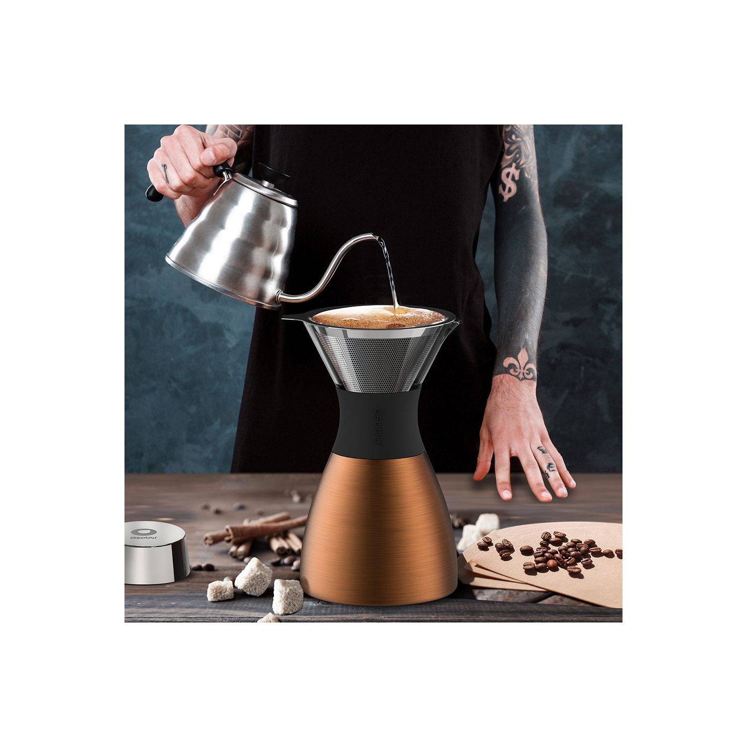 Asobu Copper Insulated Pour Over Coffee Maker Double-Wall Vacuum, Stainless-Steel Filter, Stays Hot Up to 12 Hours