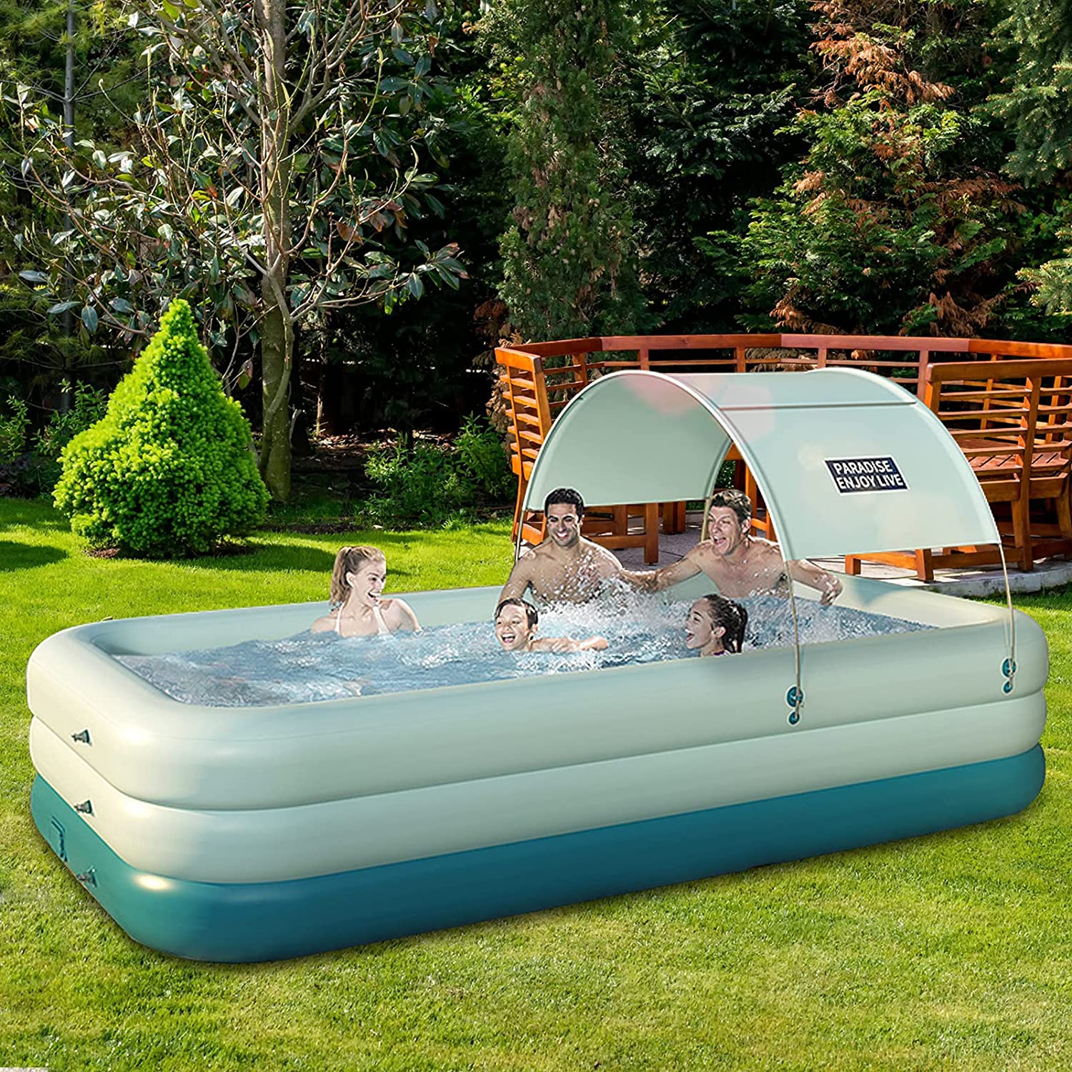 Piscine de natation WINGOMART auto Inlation, radeau de piscine gonflable résistant au soleil auvent amovible pour fête extérieure dans l’eau du