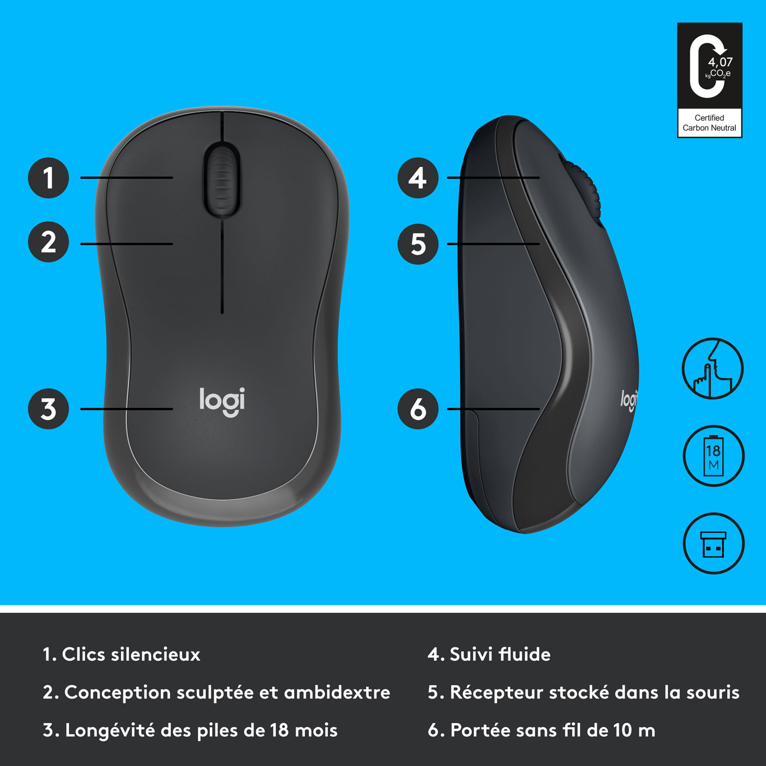 Souris optique sans fil de 1000 ppp M220 Silent de Logitech - Graphite