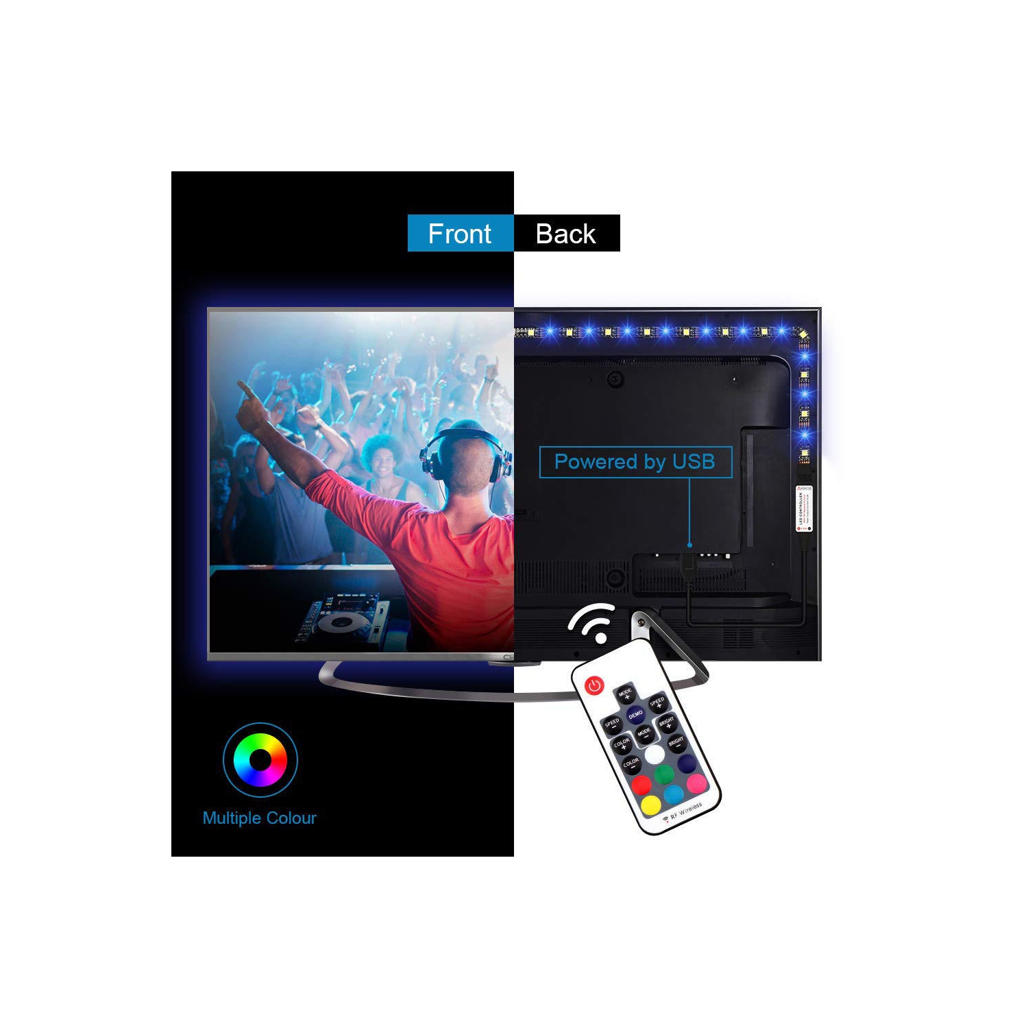 Bandes lumineuses DEL USB avec télécommande RF pour éclairage d’arrière-plan pour téléviseur, 2 m/6,56 pi