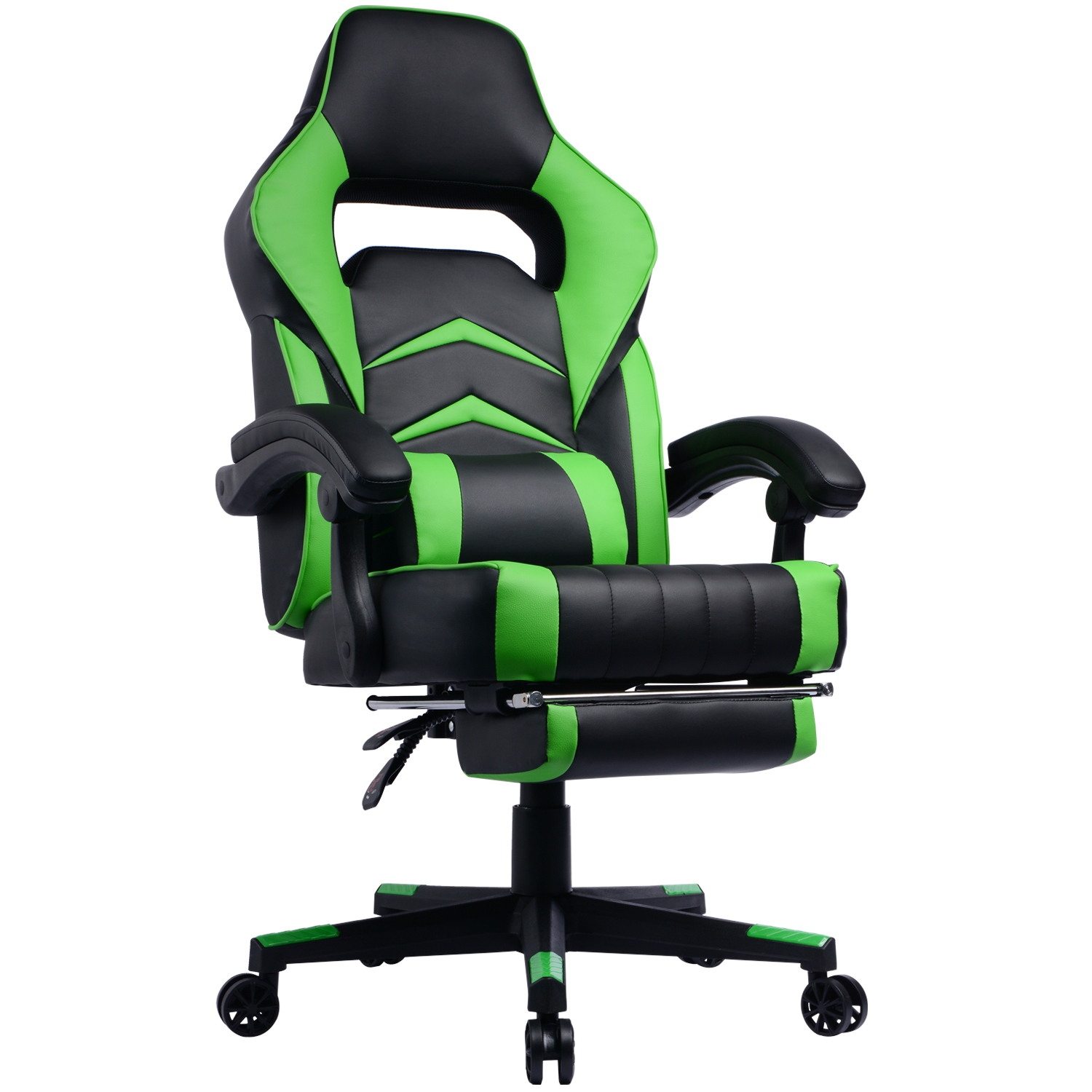 GamingChair Ergonomic PU Padded Leather Racing Gaming Chair with Extendable Footrest and Reclining Backrest (Green and Black)