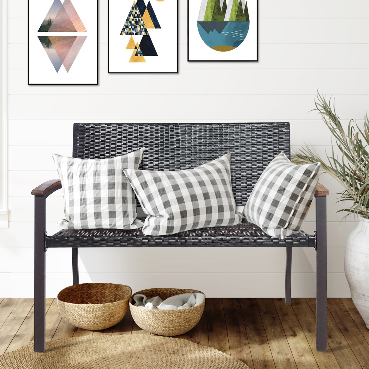 Costway 2 PCS Outdoor Patio Rattan Wicker Bench Loveseat Chair Armrest Garden