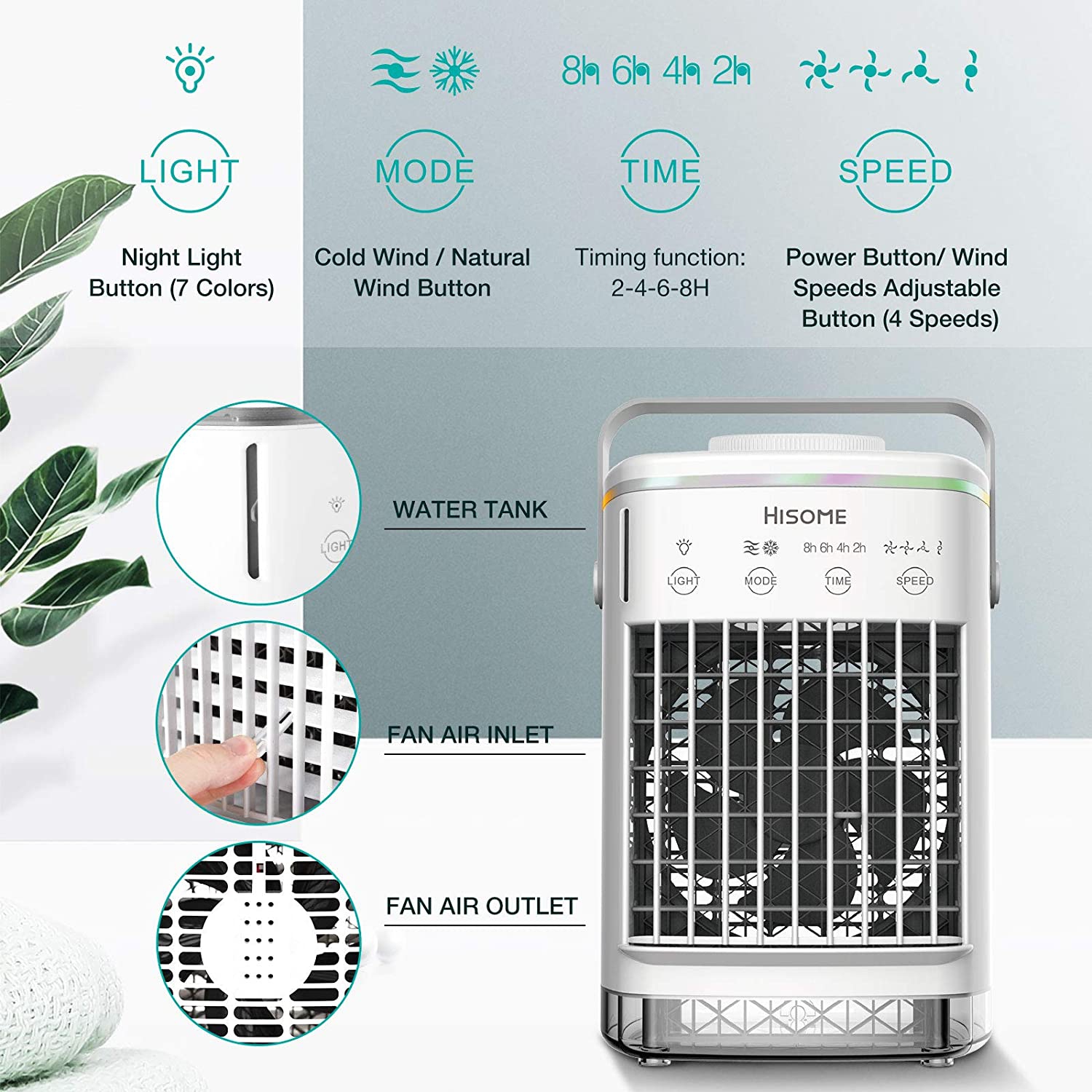 Portable Air Conditioner Fan, Personal Air Cooler Mini Air Conditioner with 4 Fan Speeds, 7 Color LED Light, Desktop Table Cooling Fan Evaporative