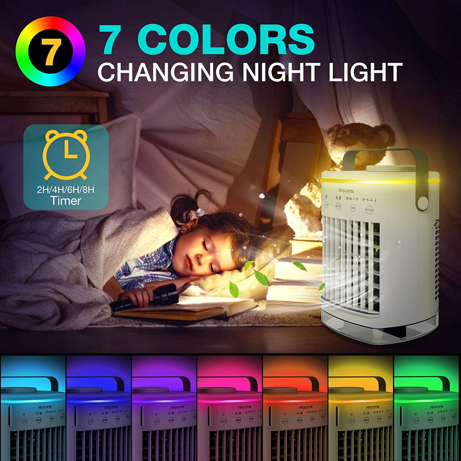 Portable Air Conditioner Fan, Personal Air Cooler Mini Air Conditioner with 4 Fan Speeds, 7 Color LED Light, Desktop Table Cooling Fan Evaporative