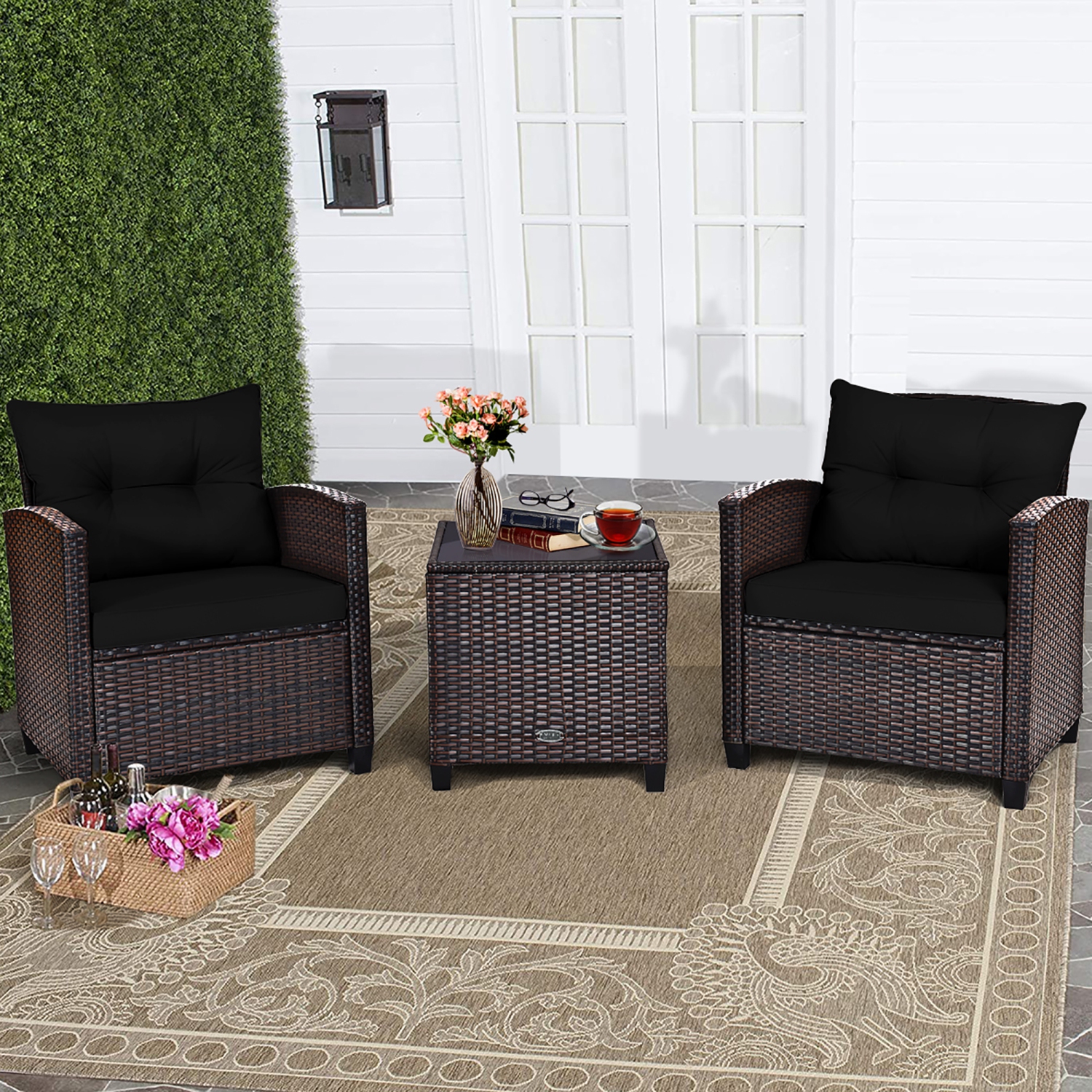 3PCS Ensemble de mobilier de patio extérieur en rotin Table basse Fauteuil Accoudoir avec coussin Costway