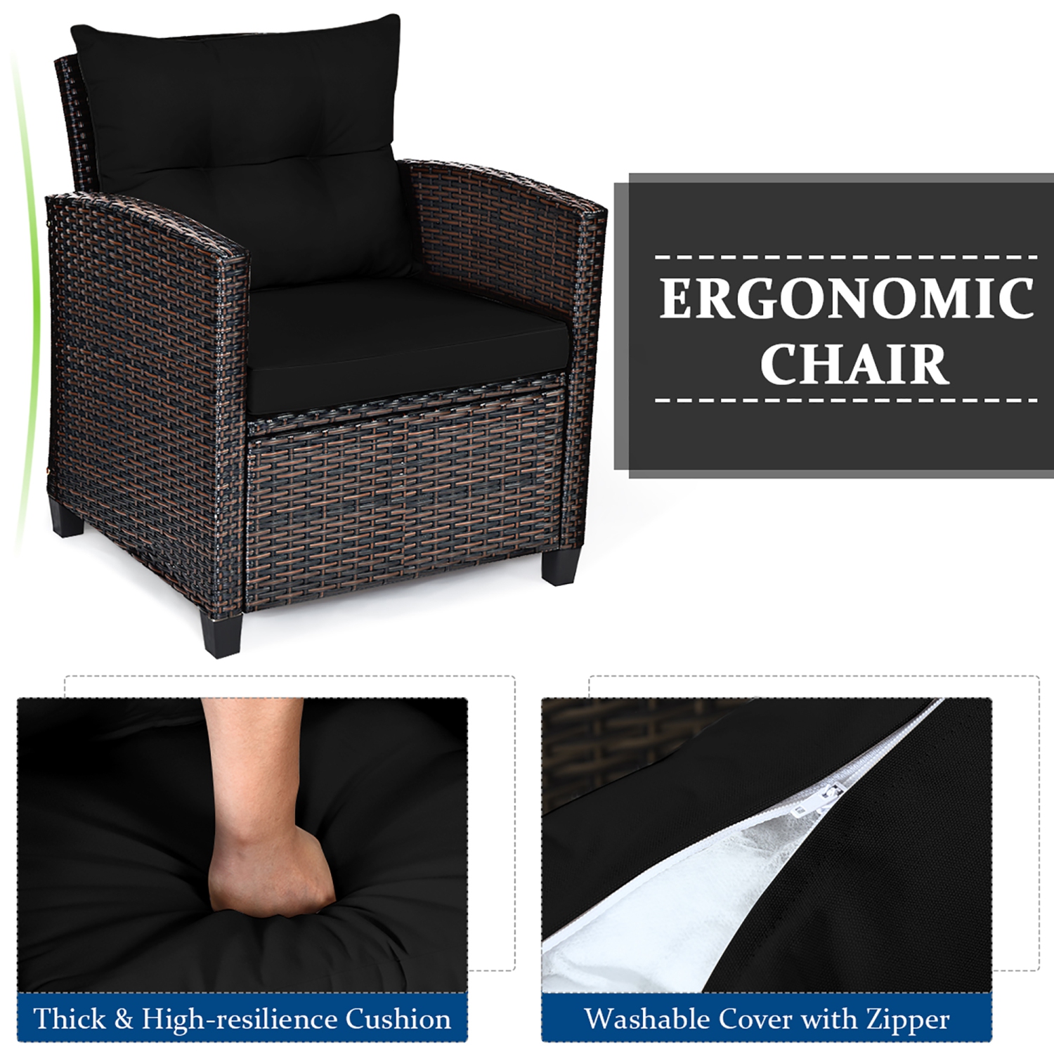 3PCS Ensemble de mobilier de patio extérieur en rotin Table basse Fauteuil Accoudoir avec coussin Costway