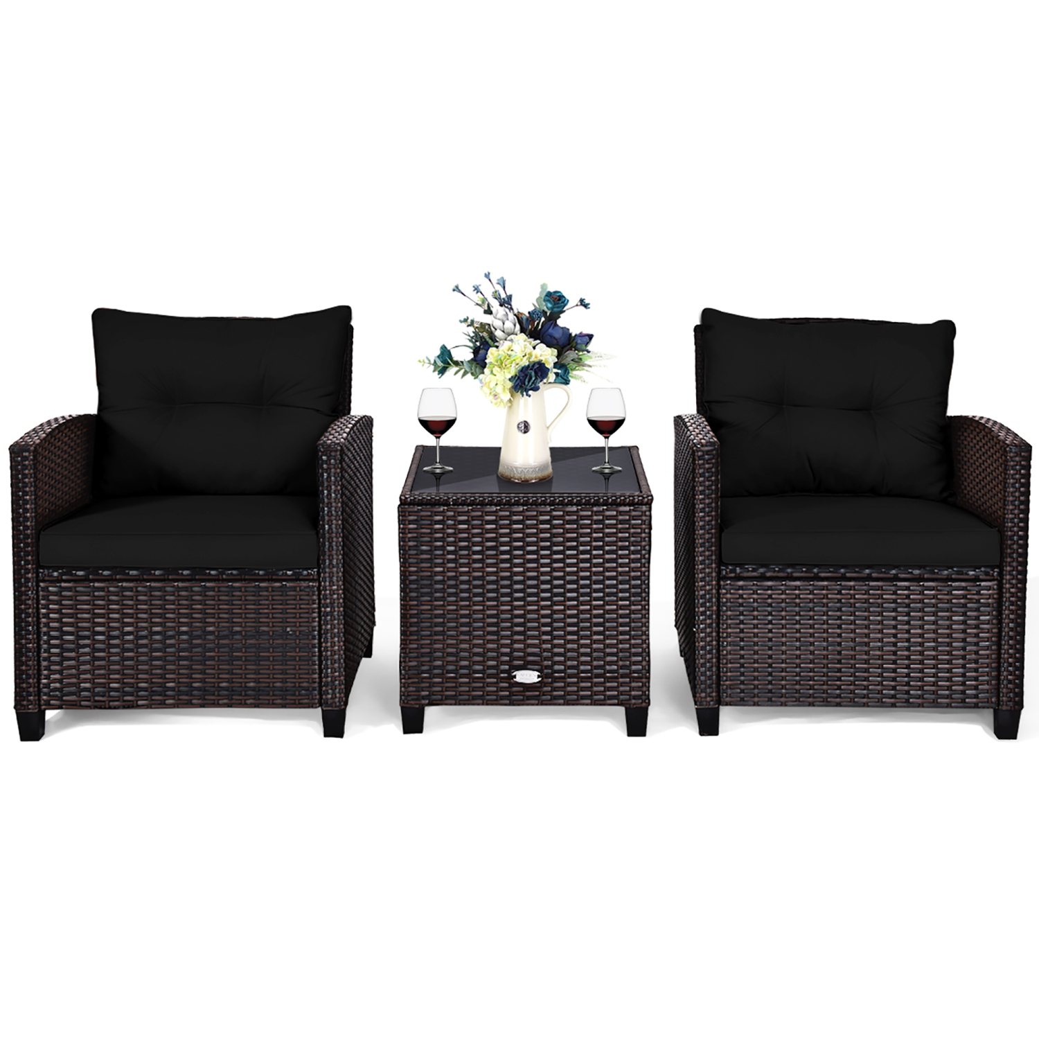 3PCS Ensemble de mobilier de patio extérieur en rotin Table basse Fauteuil Accoudoir avec coussin Costway