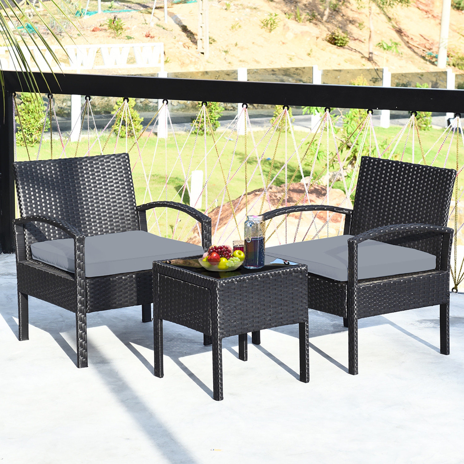 3 PCS Ensemble de meubles de patio en rotin Table basse et 2 chaises en rotin avec coussin marque Costway