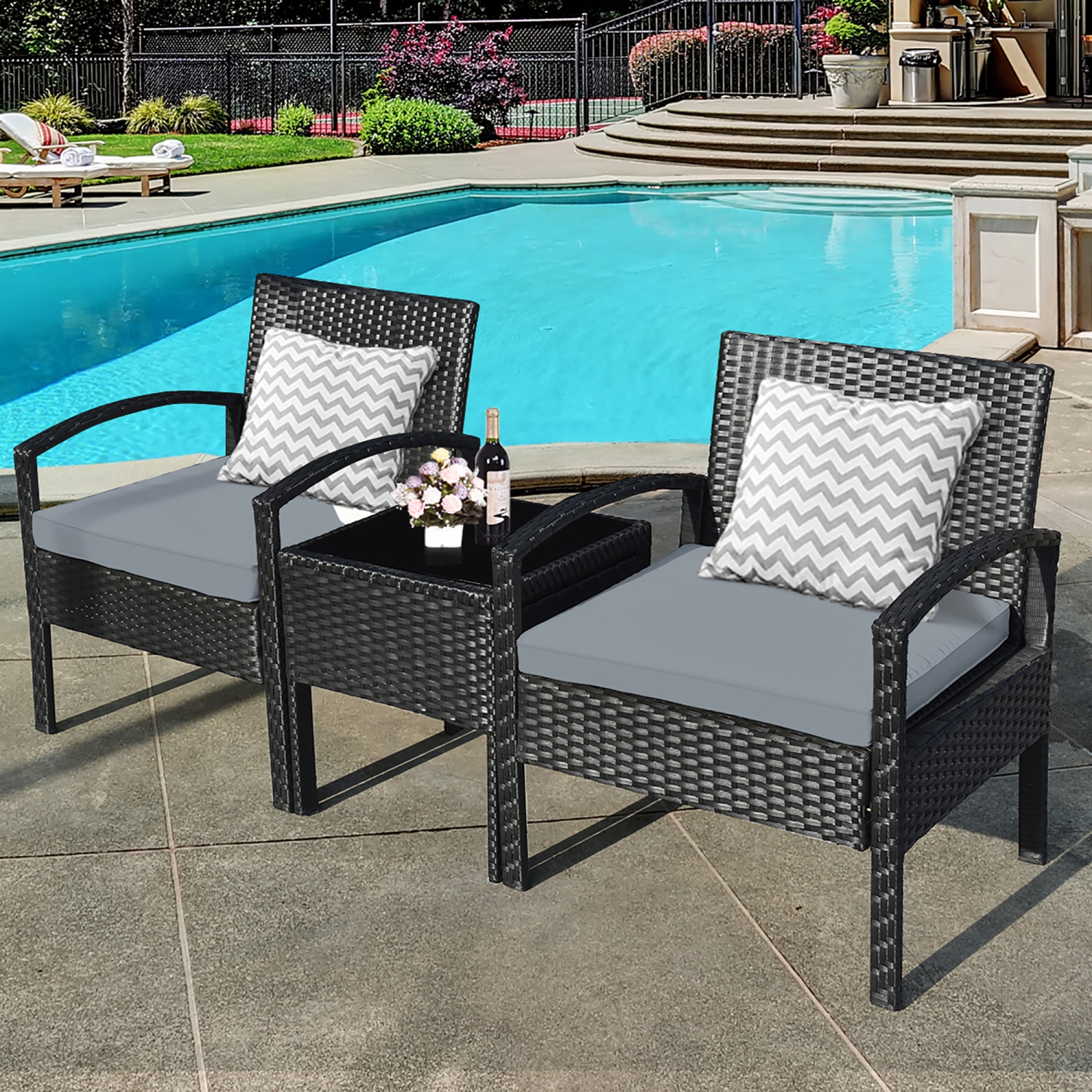 3 PCS Ensemble de meubles de patio en rotin Table basse et 2 chaises en rotin avec coussin marque Costway
