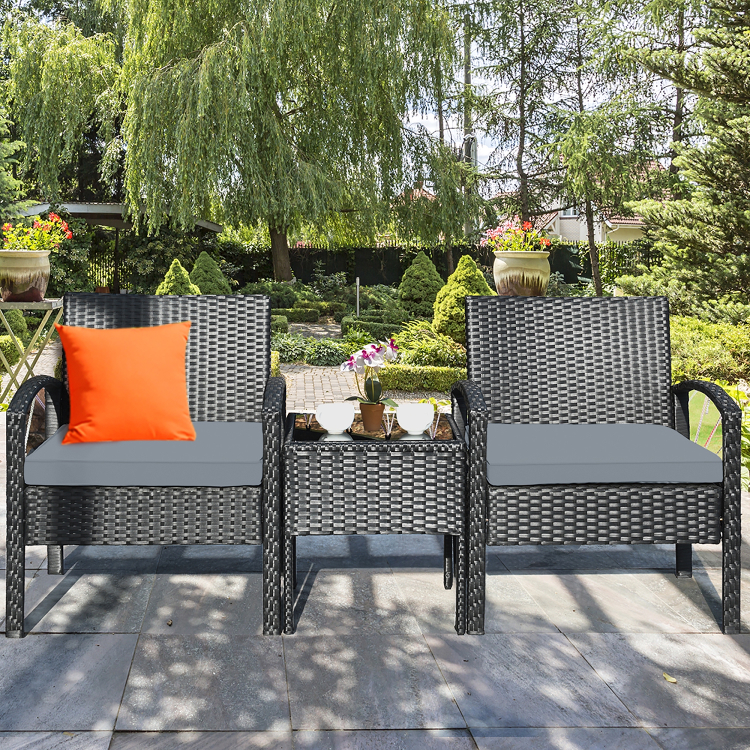 3 PCS Ensemble de meubles de patio en rotin Table basse et 2 chaises en rotin avec coussin marque Costway