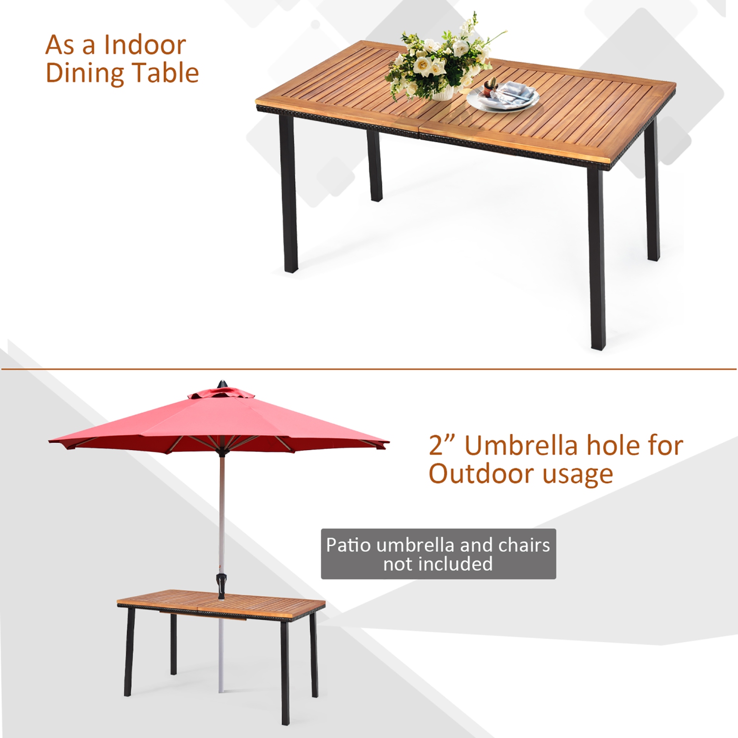 Costway 55'' Patio Rattan Dining Table Acacia Wood Table Top Umbrella Hole