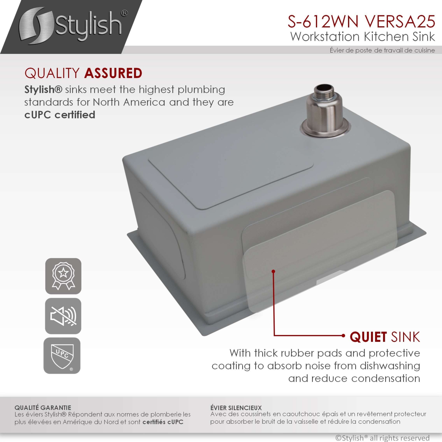 Stylish Undermount Workstation 25" Graphite Black Single Bowl Stainless Steel Kitchen Sink with built-in Accessories, S-612WN